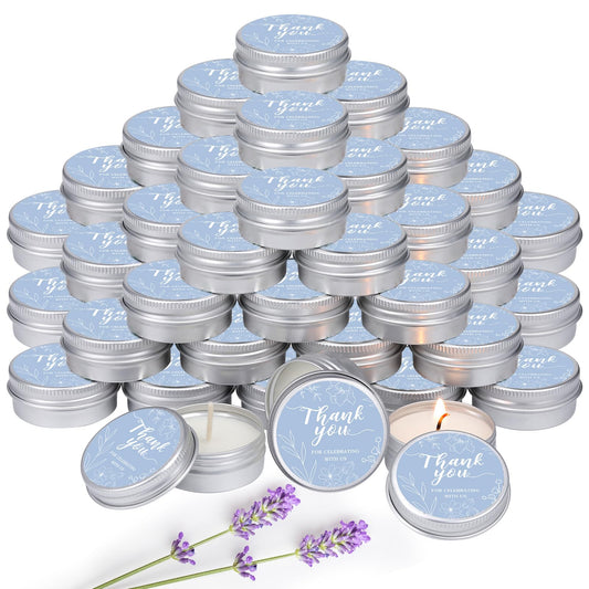 MTLEE 50 Pcs Blue Floral Wedding Thank You Candles Gifts for Guests, Bridal Shower Baby Shower Favors, 1 oz Mini Lavender Scented Soy Wax Candles Tin Bulk for Birthday Aromatherapy Party Favors