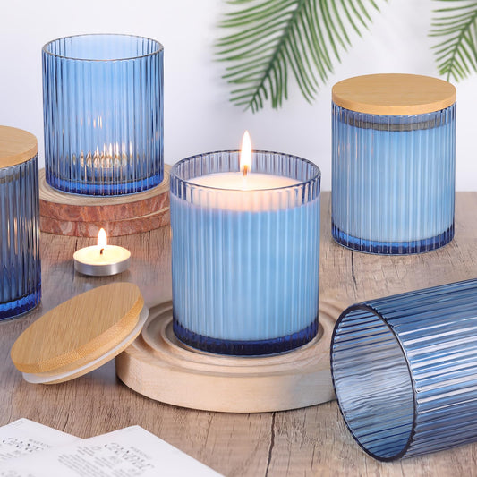 sunnyfuture 10 OZ Blue Candle Jars for Making Candles Set of 8, Ribbed Glass Candle Jars with Wood Lids and Labels, Candle Containers for DIY, Gifts, Home Decoration