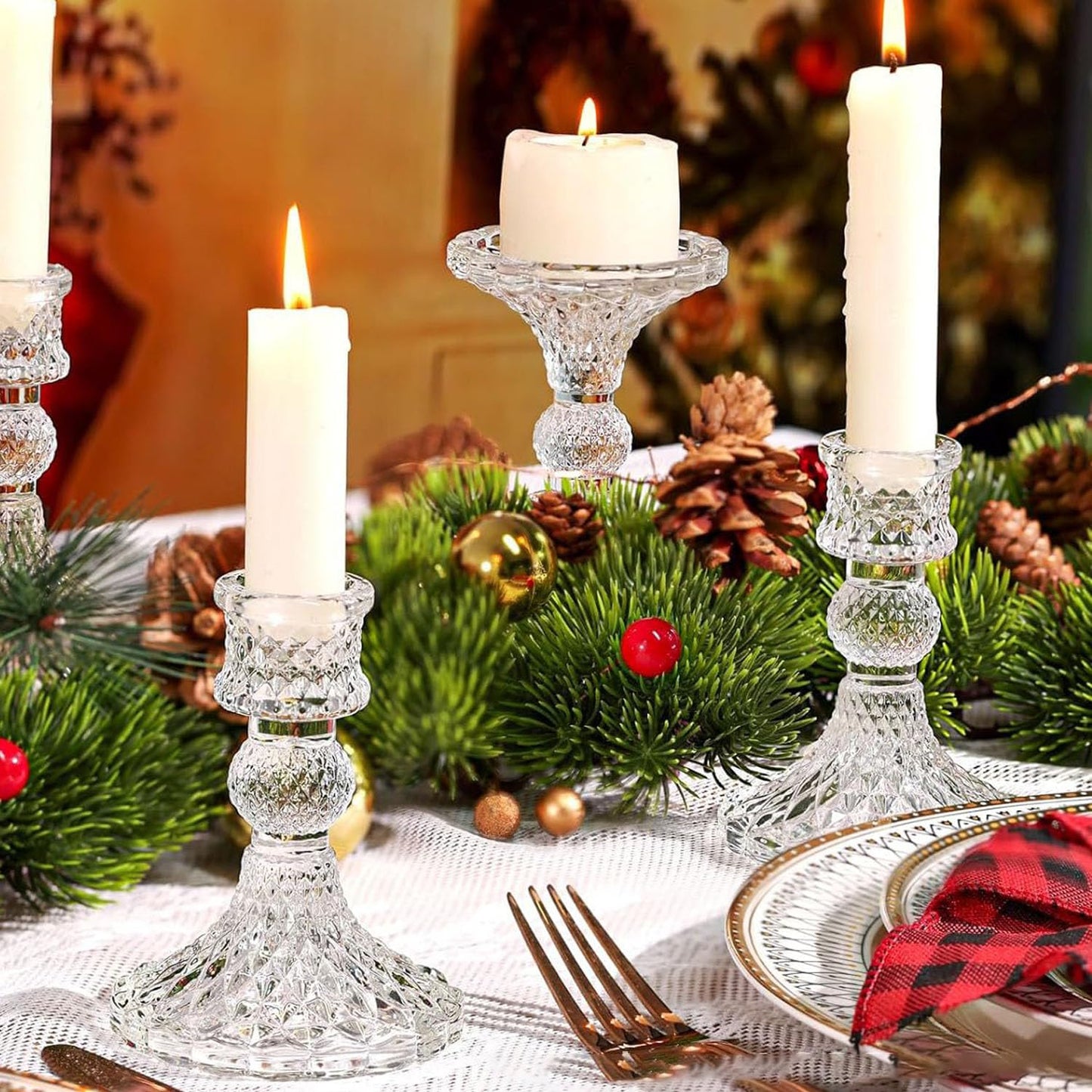 Glass Candlestick Holder Taper and Pillar Candle Holder Desktop Decoration for Wedding Dinning Party-3 Packs