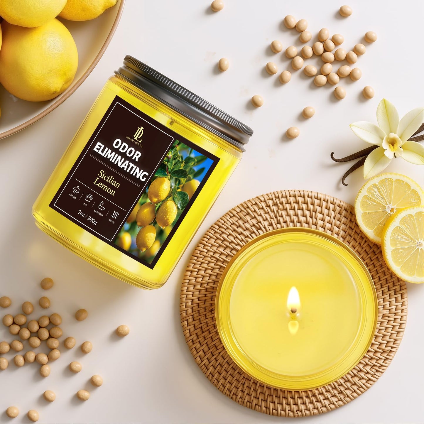 4 Pack Odor Eliminating Highly Fragranced Candle, Eliminates 95% of Food, Pet, Smoke, and Bathroom Quickly, Air Freshing Scents of Lemon/Mint Eucalyptus/Coconut/Roses, Soy Candles Gift for Women Men