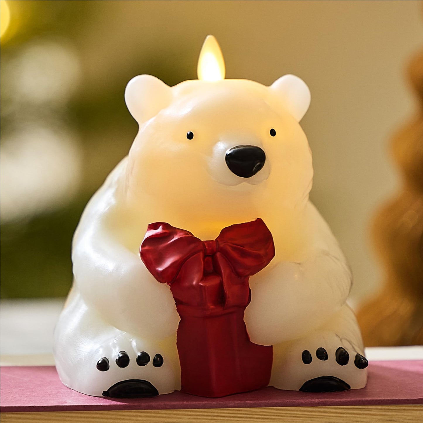 Luminara Flickering Flameless Candle 5" x 5.5", Battery Operated & Timer Function, Remote Ready (Sold Separately), Polar Bear w/Gift Moving Flame LED Light Figural Decor for Christmas Winter Holidays