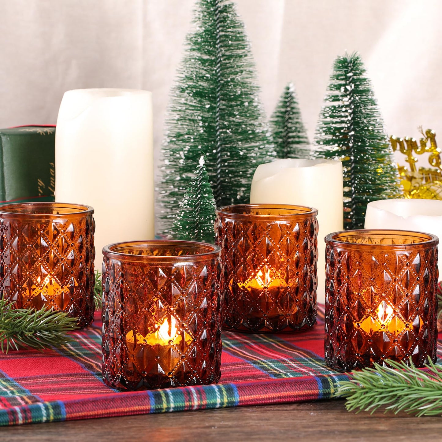 MATAHUM 12Pcs Large Votive Candle Holders 2.8 * 3.2in Amber Tea Light Candle Holders Glass Candle Holder for Bridal Shower, Wedding, Table Centerpiece, Party, Home Decor
