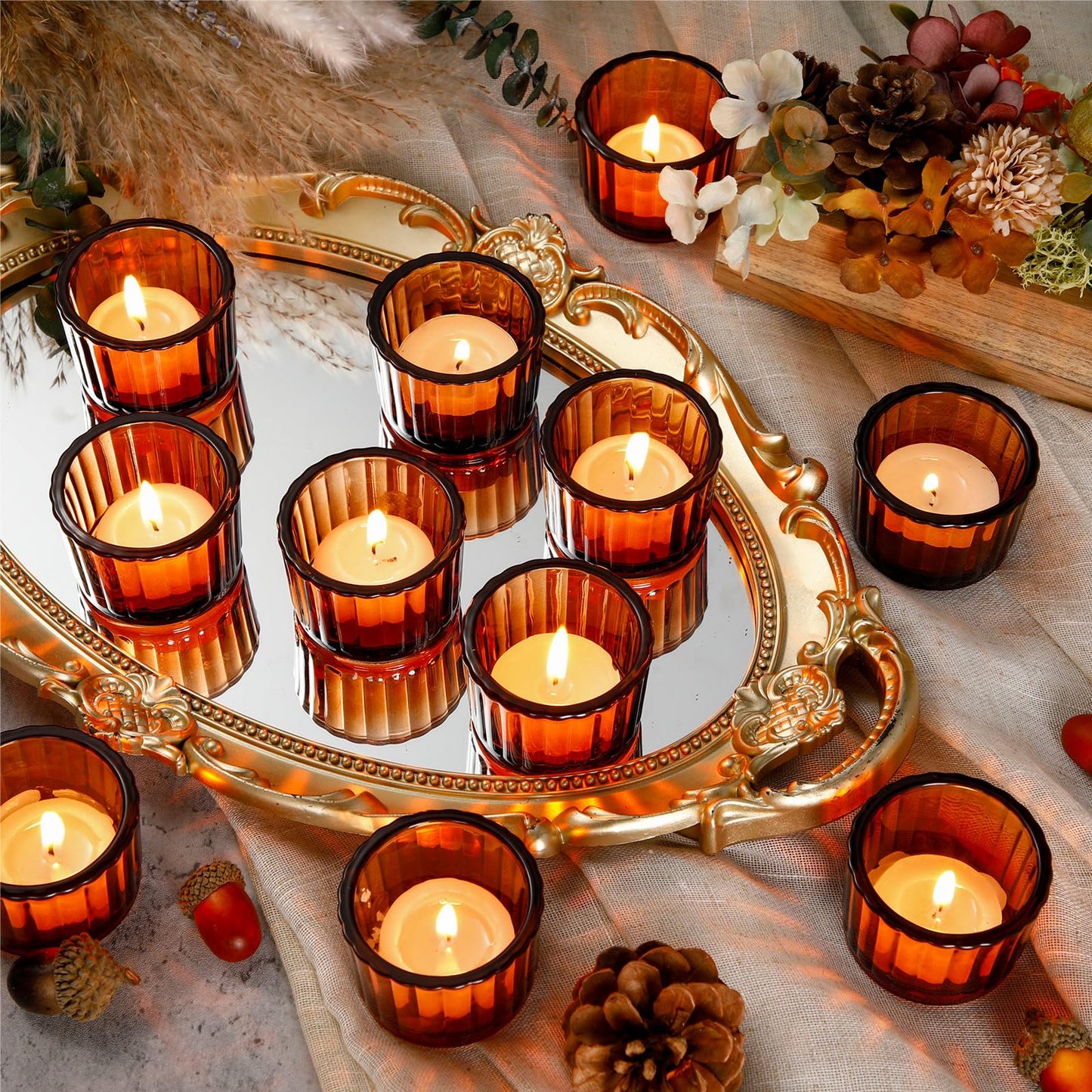 Mumufy 50 Pcs Glass Tealight Candle Holder Ribbed Votive Candle Holder for Centerpiece Wedding Proposal Spa Aromatherapy Meditation Home Decor (Amber)
