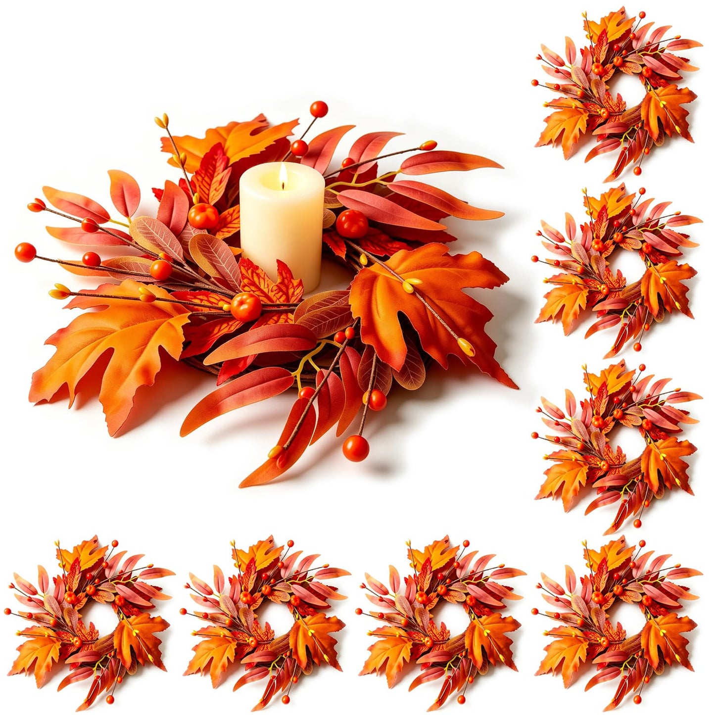 8 Pcs Mini Fall Wreaths Thanksgiving Table Centerpieces Fall Candle Rings 9 Inch Maple Leaf Wreaths for Cabinets Farmhouse Autumn Wreath for Front Door Porch Wall Window Decorations