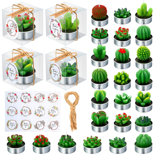 MTLEE 48 Sets Succulent Cactus Tealight Candles Mini Smokeless Succulent Cactus Candles Decorative Birthday Wedding Baby Shower Gifts for Guests Prizes with Box Tag Sticker for Party Favors Home Decor