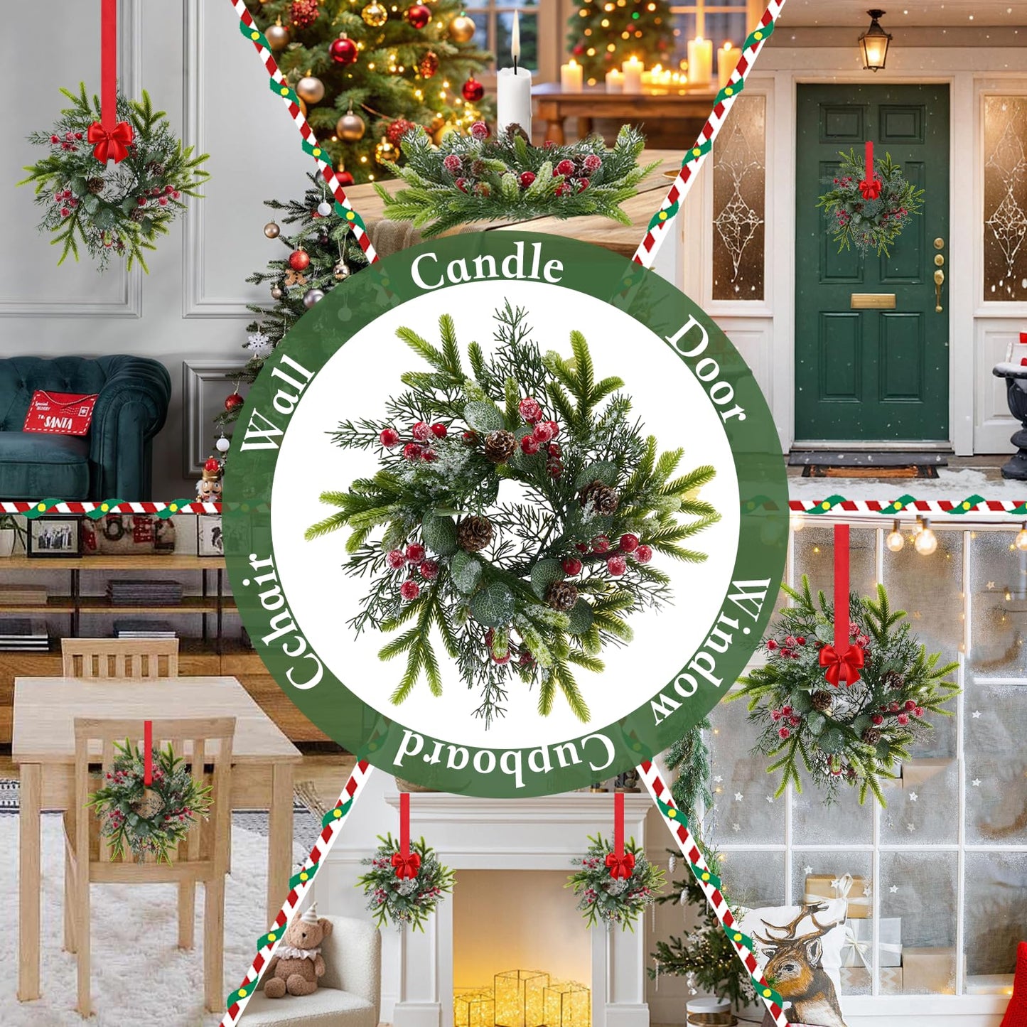 Tupetcs 9.8inch Christmas Wreath, 4Pcs Small Christmas Wreath Decorations for Home Front Door Porch Table Centerpieces Candle Rings Wall Window Cabinets Farmhouse Decorations