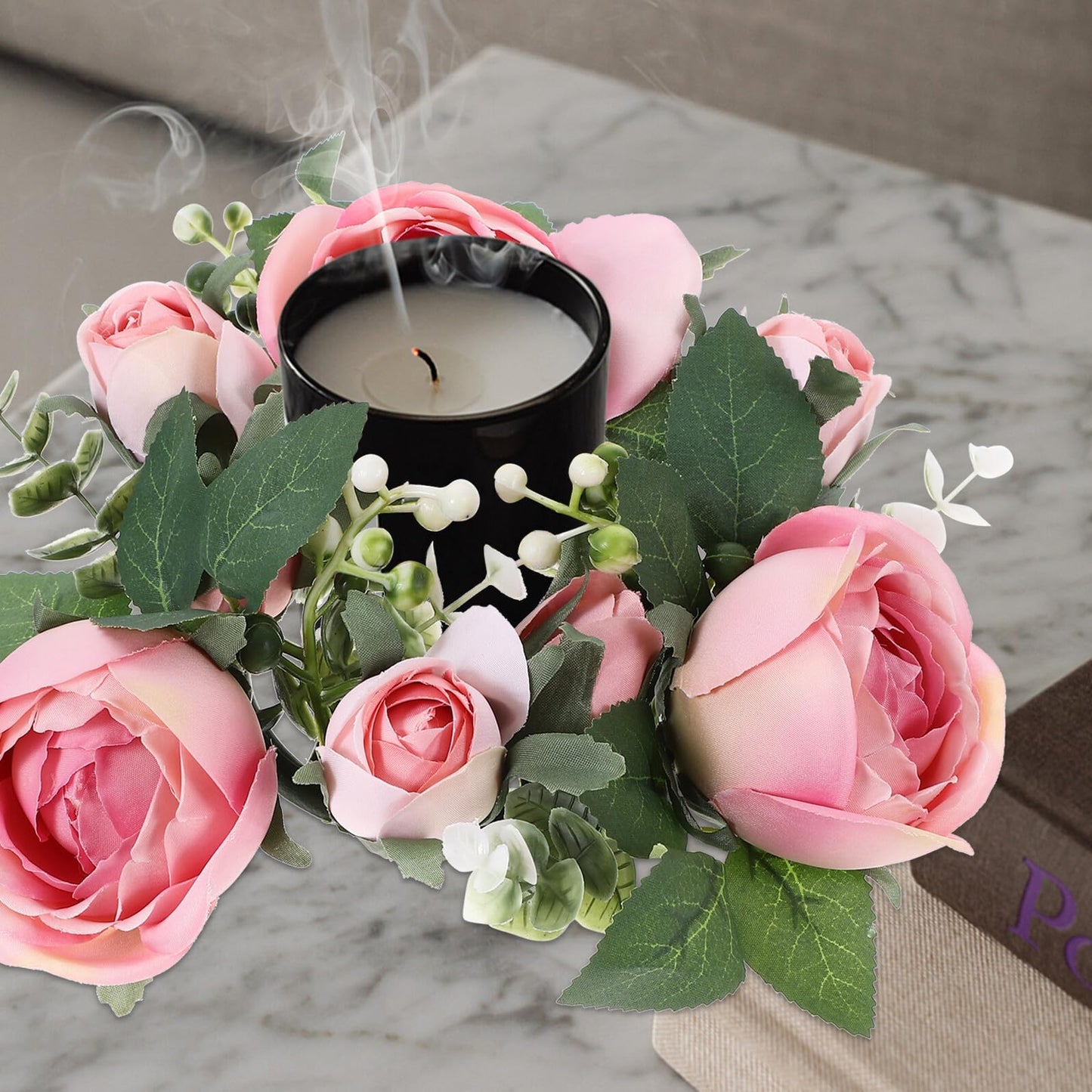 BEBEMOKO Artificial Rose Candle Ring Wreath Floral Table Centerpiece, Light Pink Faux Flower Candle Decor for Wedding, Valentine’s Day Party and Home Decoration