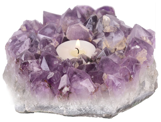 JIC Gem Amethyst Candle Holder Natural Purple Crystals Candle Stand Large Amethyst Tealight Candle Holders Home Decoration 5.5 Inch