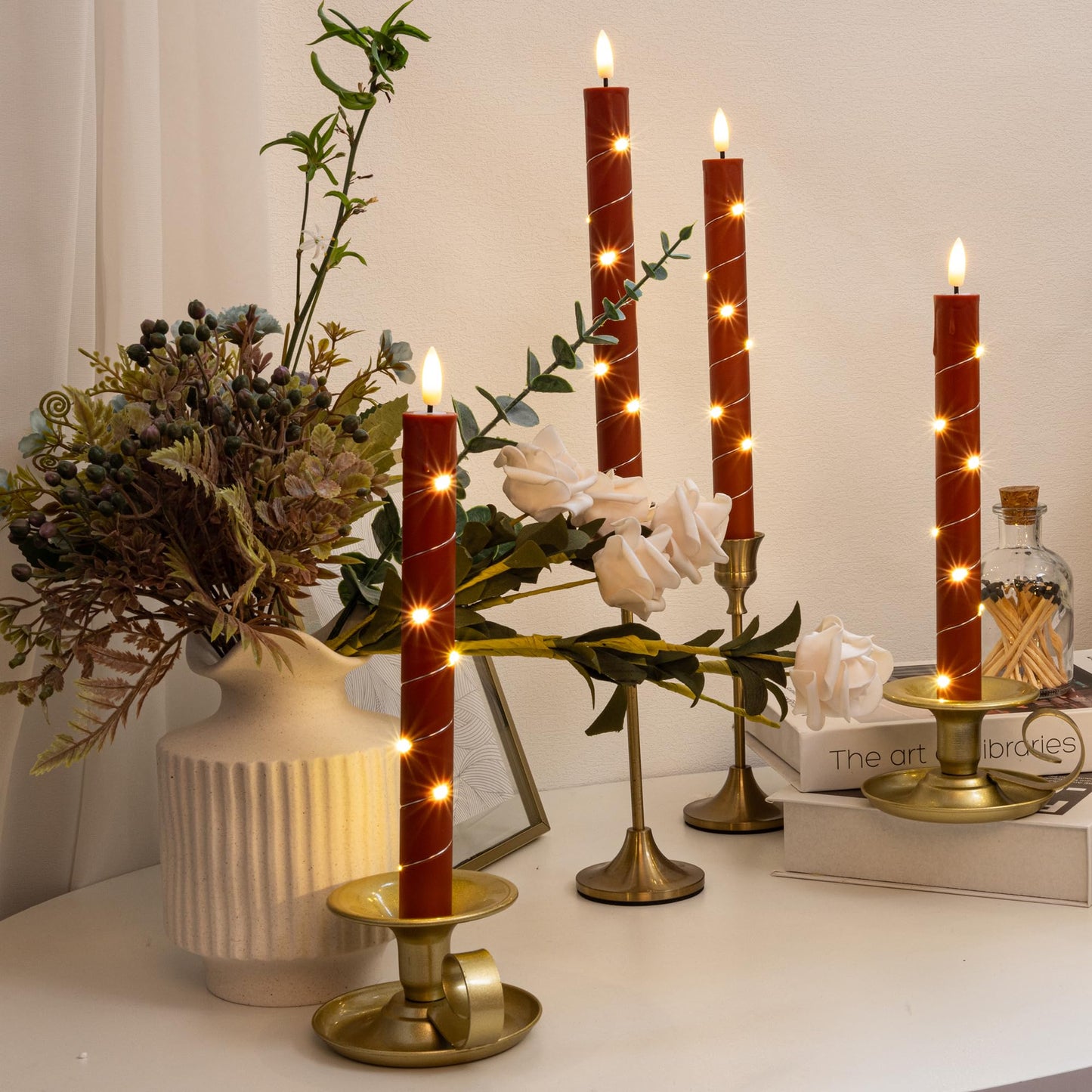 Patriotic Flameless Taper Candles with Remote for 250th Anniversary Decorations，3D Flickering Flame LED Candles Arounded with Starlight String for 4th of July Decoration, Pack of 6, Reddish Brown