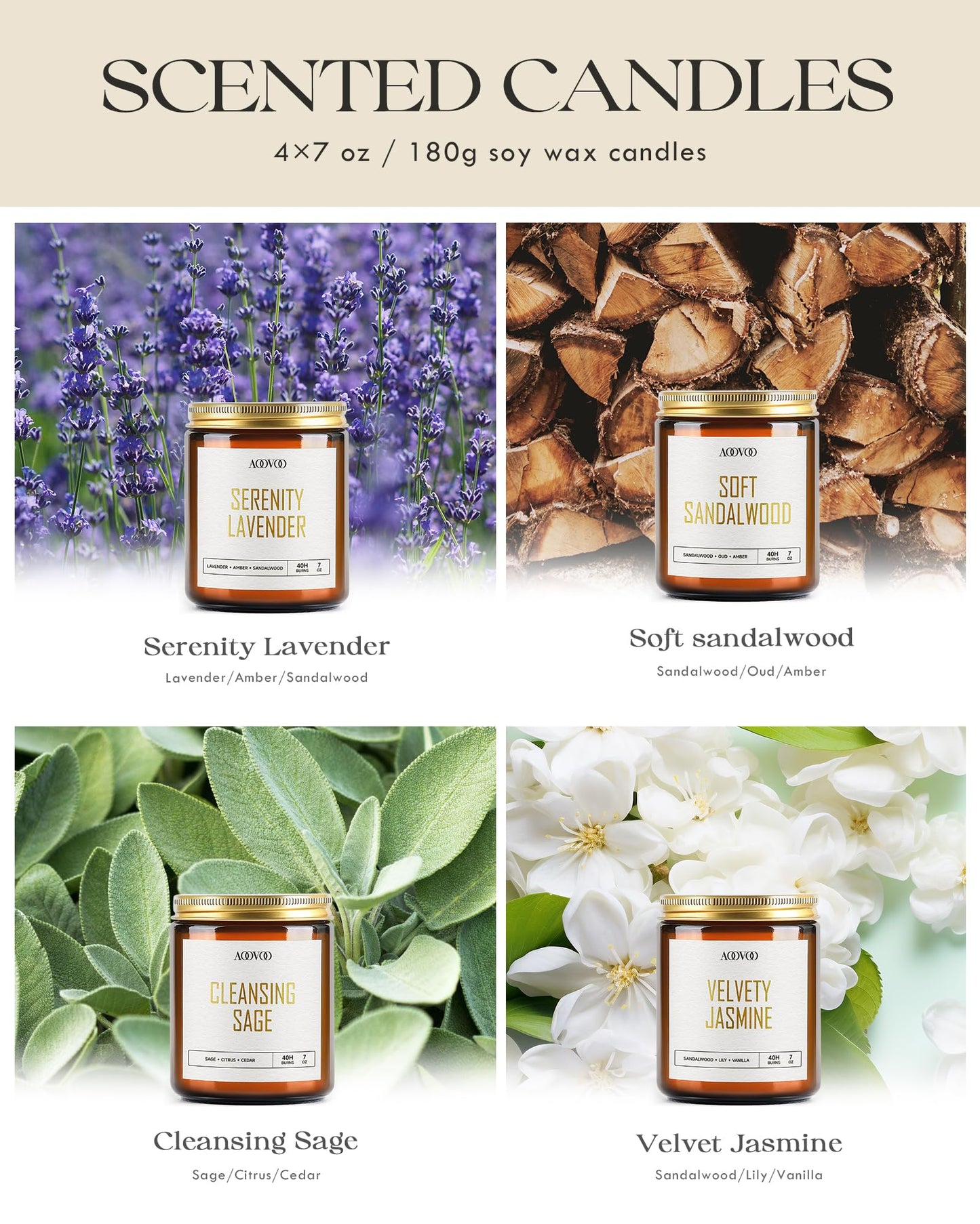 AOOVOO Candle Set - 4PC Scented Candles, 28 oz Soy Candles, Soy Candle for Home Scented, Lavender/Sandalwood/Jasmine/Sage