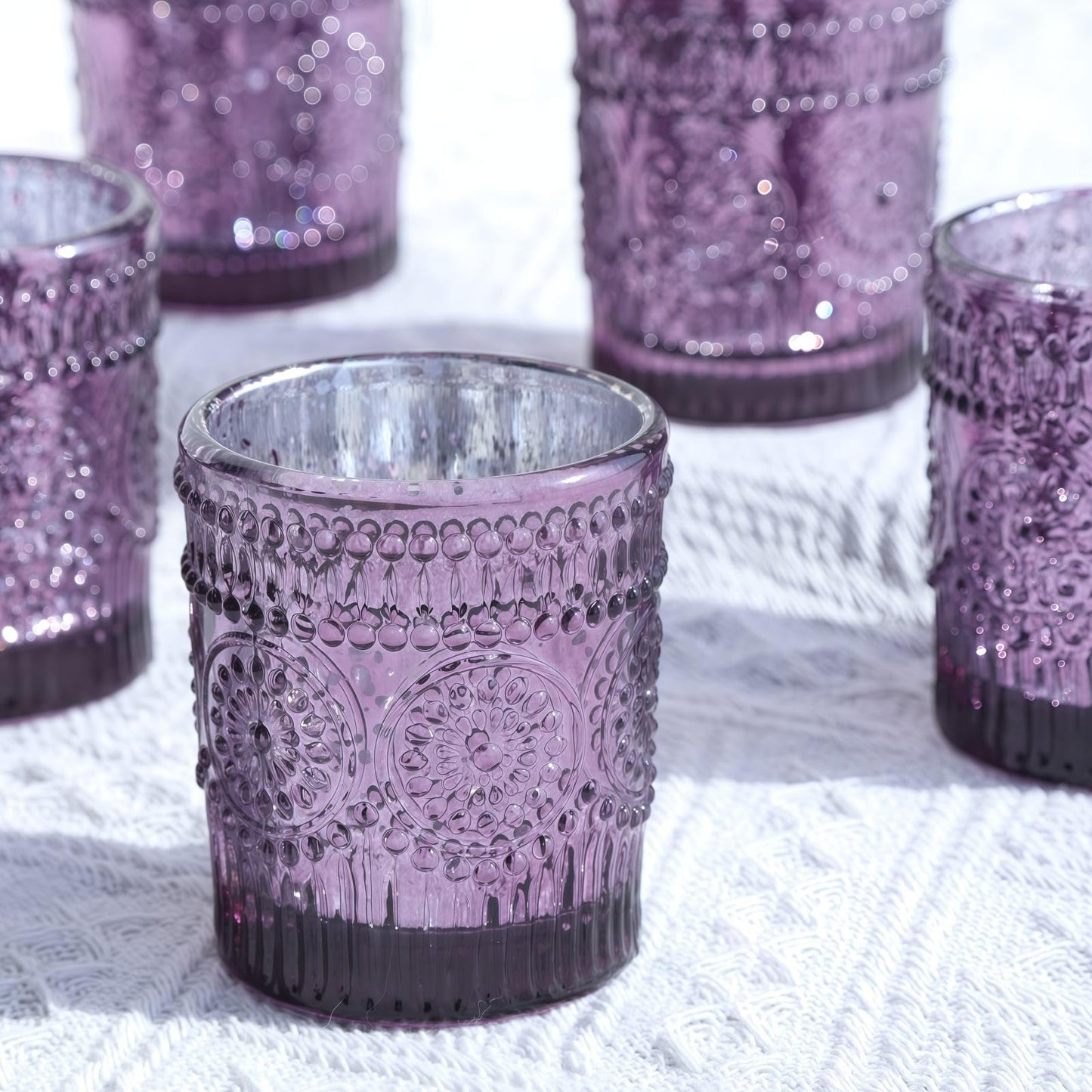 VOHO 12pcs Sunflower Purple Votive Candle Holders for Table Centerpiece, Mercury Tealight Candle Holder for Wedding Decor, Boho Tea Light Candle Holder Glass Gifts for Easter Halloween(2.1x2.6 In,W/H)