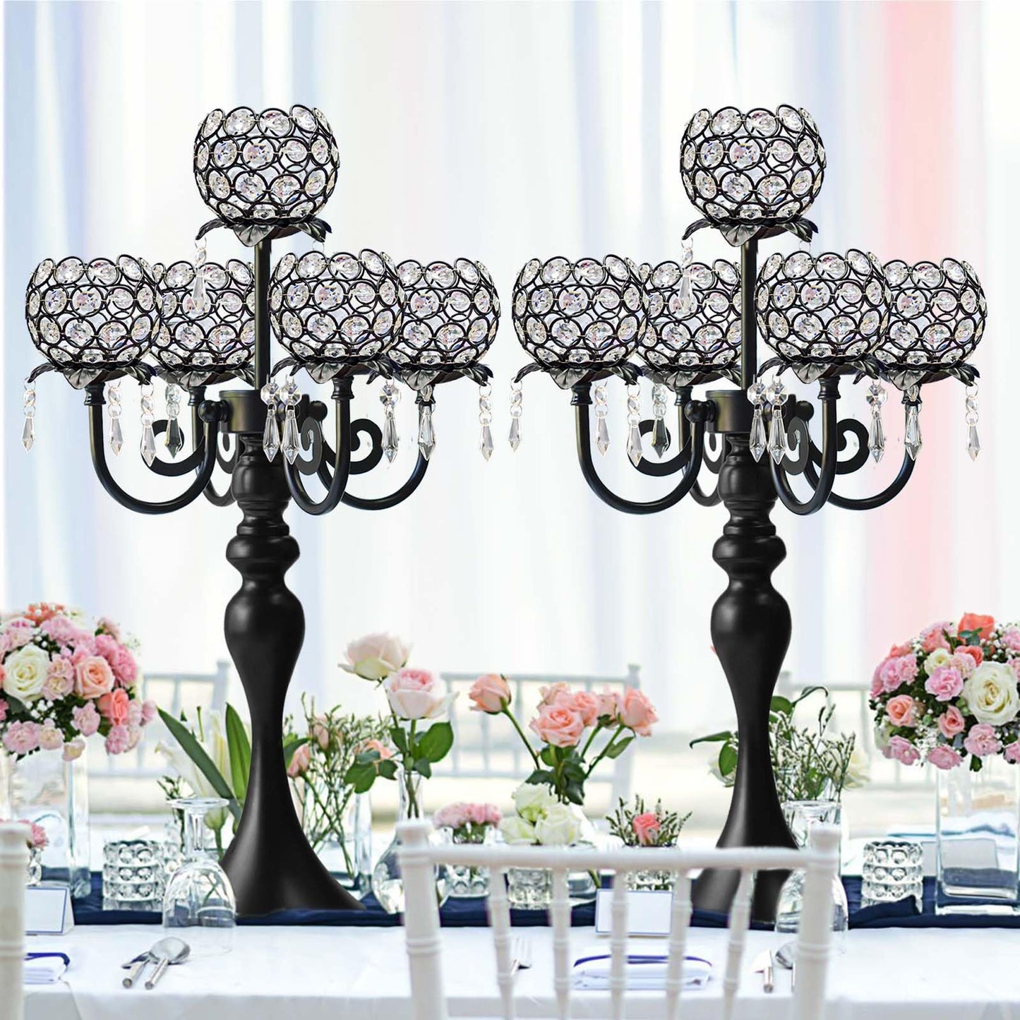 kolnlala 22.5 Inch Black 5-Arm Tea Light Crystal Candle Holder/Candlestick, Exquisite and Gorgeous Crystal Candelabra Table Centerpiece for Wedding/Holiday Events, Parties & Home Decor