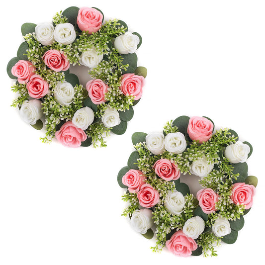 NUPTIO Flower Candle Rings for Centerpieces: 13.4 Inch Artificial Rose Wreath for Wedding Party Christmas - Pink & White Wreaths for Spring Summer Front Door Porch Table Decor 2 Pcs