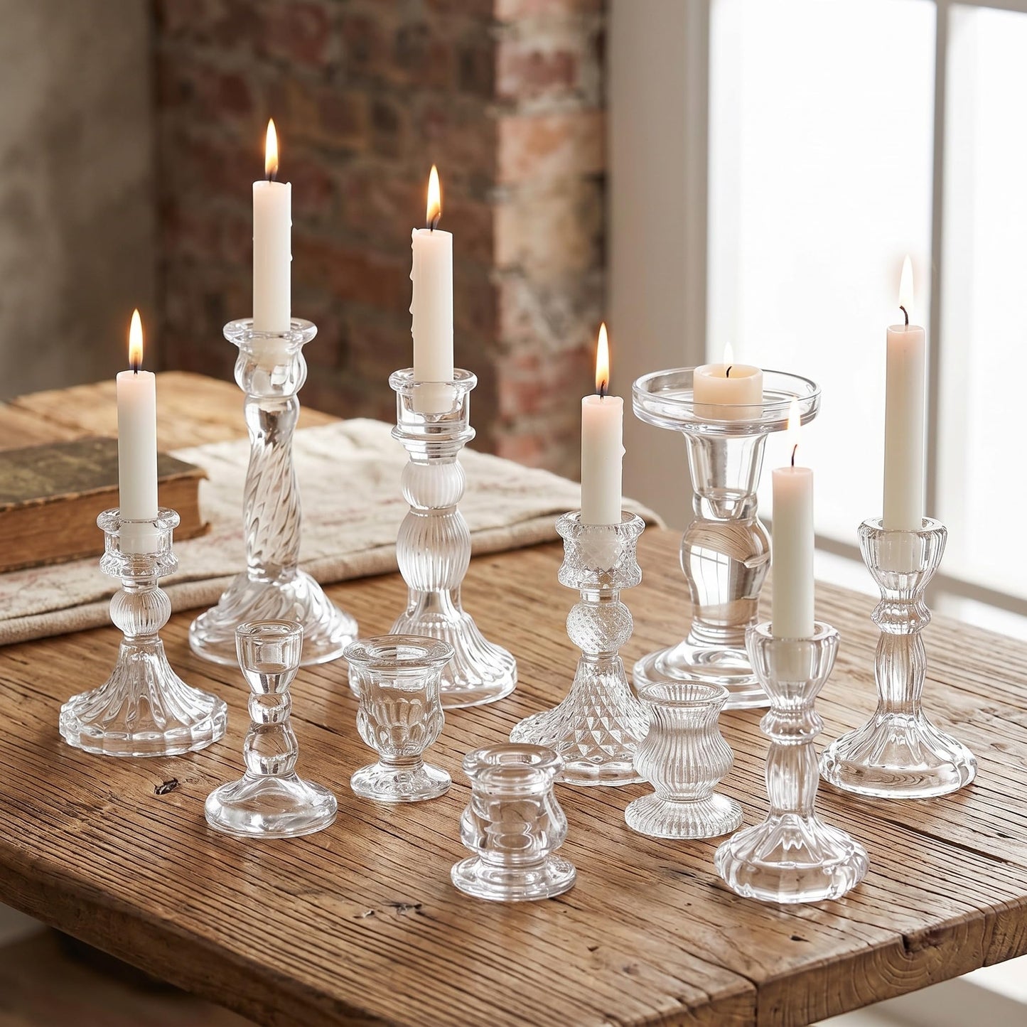Mumufy 10 Pcs Glass Crystal Taper Candle Holders Clear Glass Candlestick Holder Fit 0.8 Inch Candles Crystal Decorative Candle Stand Centerpiece Table Wedding Dining Party (Classic,Clear)