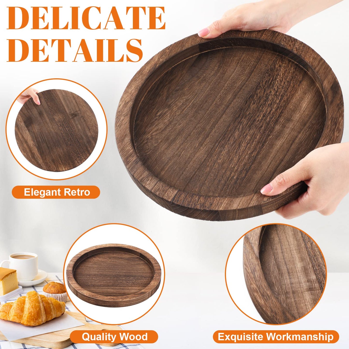 Sintuff 6 Pcs Rustic Wood Decorative Tray Round Wooden Serving Farmhouse Tray Decorative Candle Holder Serving for Kitchen Centerpiece Home Decor(Brown)