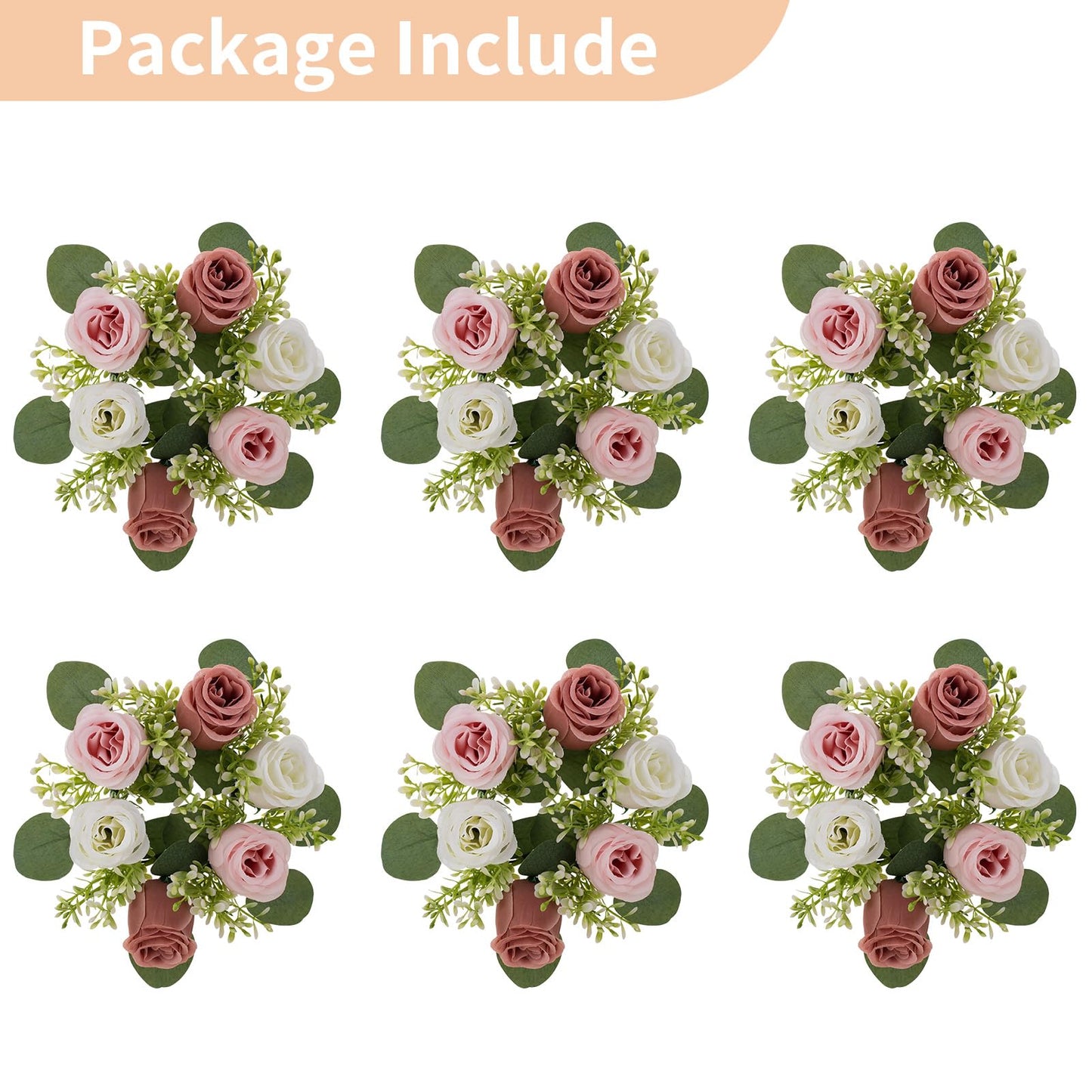 NUPTIO Small Flower Rings for Centerpieces: 9.05 Inch Dusty Rose & White Candle Rose Wreath for Wedding Party Christmas Decorations - Spring Summer Front Door Porch Decor 6 Pcs