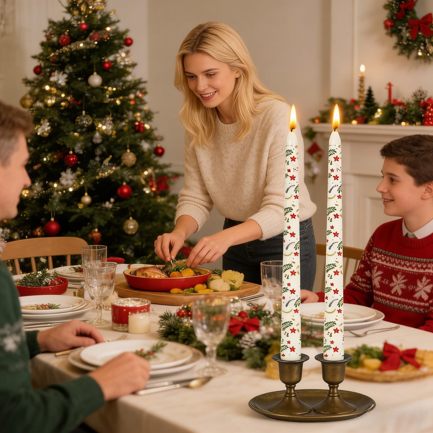 6 Pack Printed Taper Candle Set for Home Decoration, 10 Inch Ivory Candlesticks with Red Flowers and Green Leaves Pattern for Dinner Holiday Seasonal Celebration, Dripless and Smokeless Candle