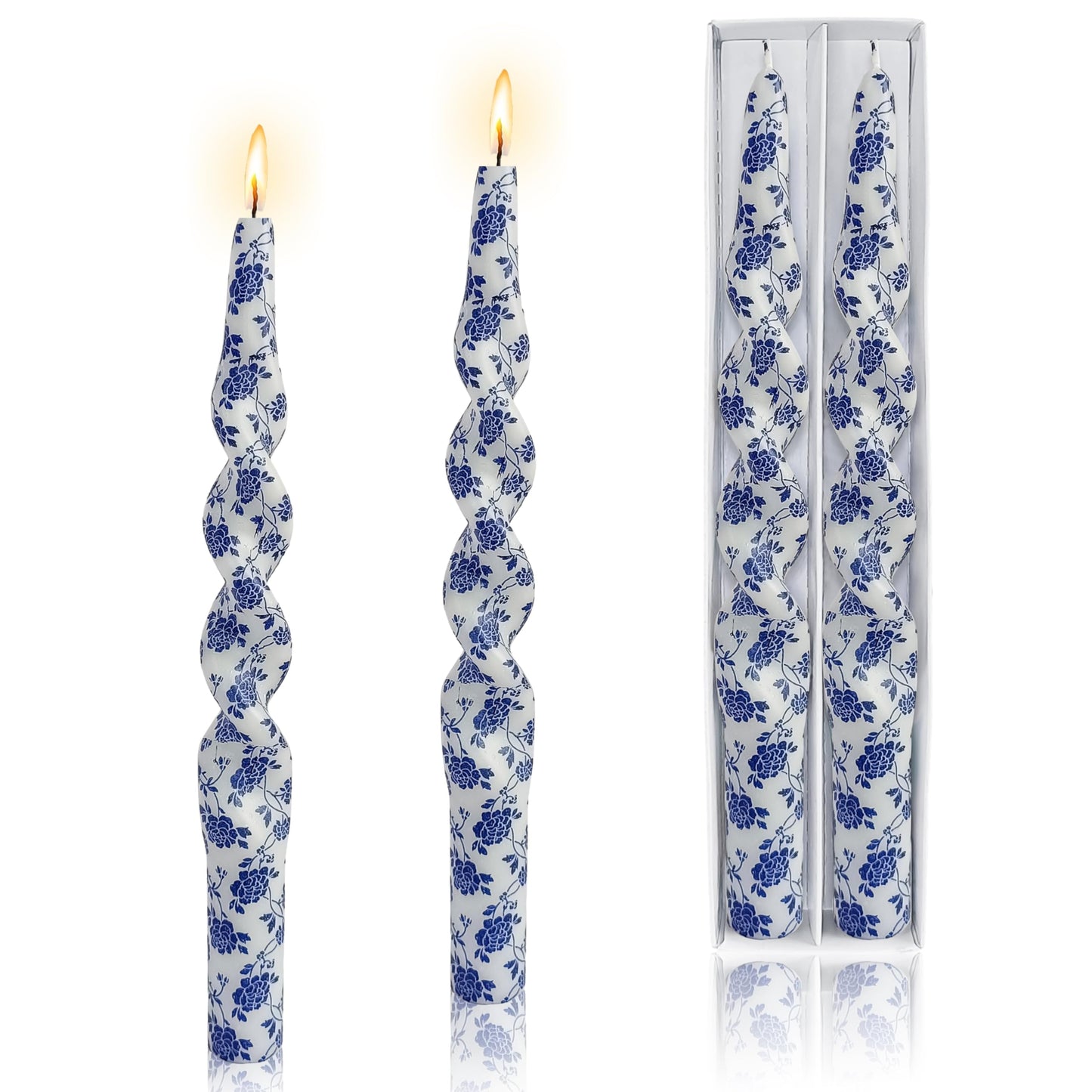 Flowers Printed Spiral Candles Unscented Twisted Candlestick Smokeless 2 PCS Blue Long Taper Candle 10 inch Twisted Candle Sticks Tapered Candles for Home Wedding Dinner Holiday Party