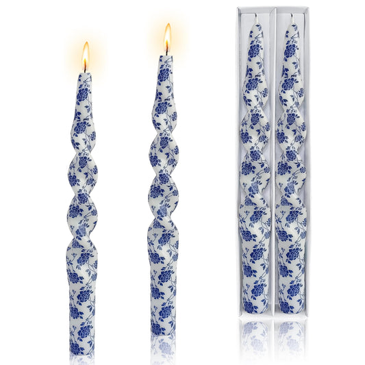 Flowers Printed Spiral Candles Unscented Twisted Candlestick Smokeless 2 PCS Blue Long Taper Candle 10 inch Twisted Candle Sticks Tapered Candles for Home Wedding Dinner Holiday Party