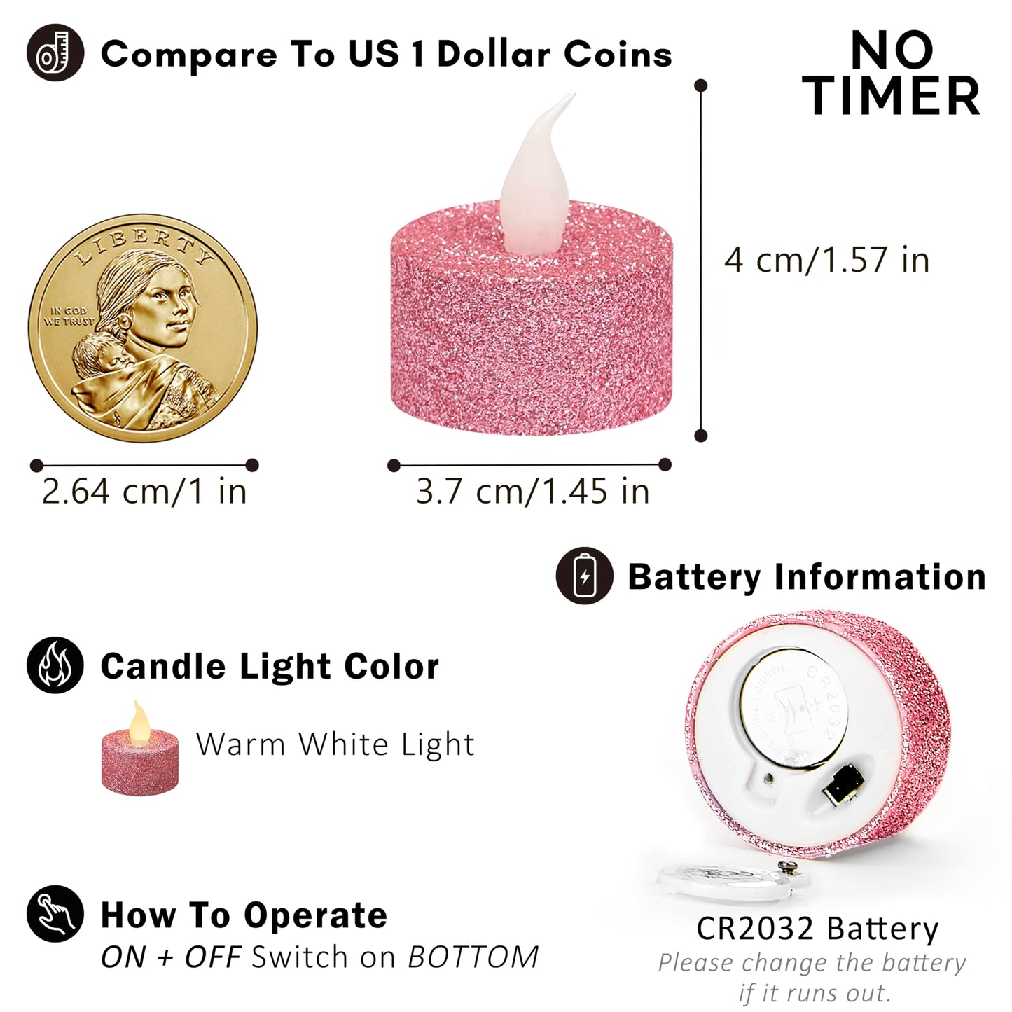 FURORA LIGHTING Pink Glitter Flameless Tealights - 1.45" W x 1.57" H, 12-Pack, Batteries Included