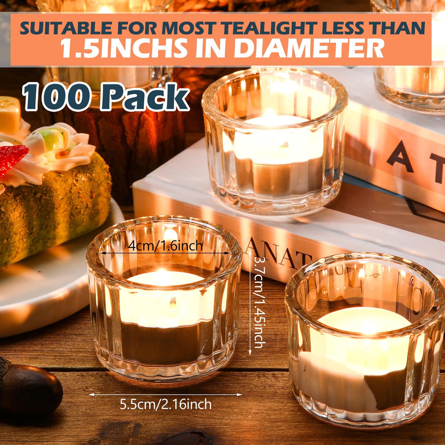 Mumufy 100 Pcs Glass Tealight Candle Holder Ribbed Votive Candle Holder for Centerpiece Wedding Proposal Spa Aromatherapy Meditation Home Decor (Clear)