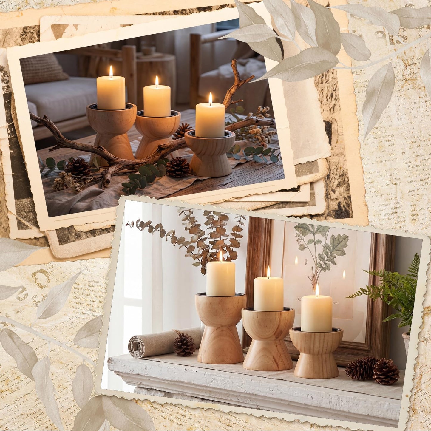 Mifoci Farmhouse Wooden Candle Pillar Holders Set of 3, Rusitc Brown Candle Holders for LED Flameless Pillar Candles Solid Wood Candlesticks Pedestal for Fireplace Mantle Table Centerpiece Decor