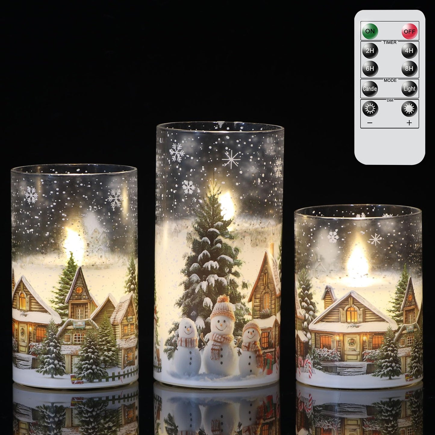 DRomance Snowman House Glass Flameless Candles Battery Operated with Remote and Timer Real Wax LED Flickering Pillar Candles Cold White Light Window Christmas Holiday Decor 3" D x 4", 5", 6" H