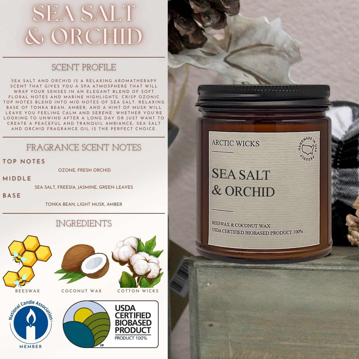 Arctic Wicks 3 Pack Spring Candle Set - Sea Salt & Orchid, Ocean Breeze & Arctic Storm | Coconut Beeswax Candles | 9oz Amber Jar | Farmhouse Candles Non-Toxic Clean Burn 100% USDA Certified Biobased
