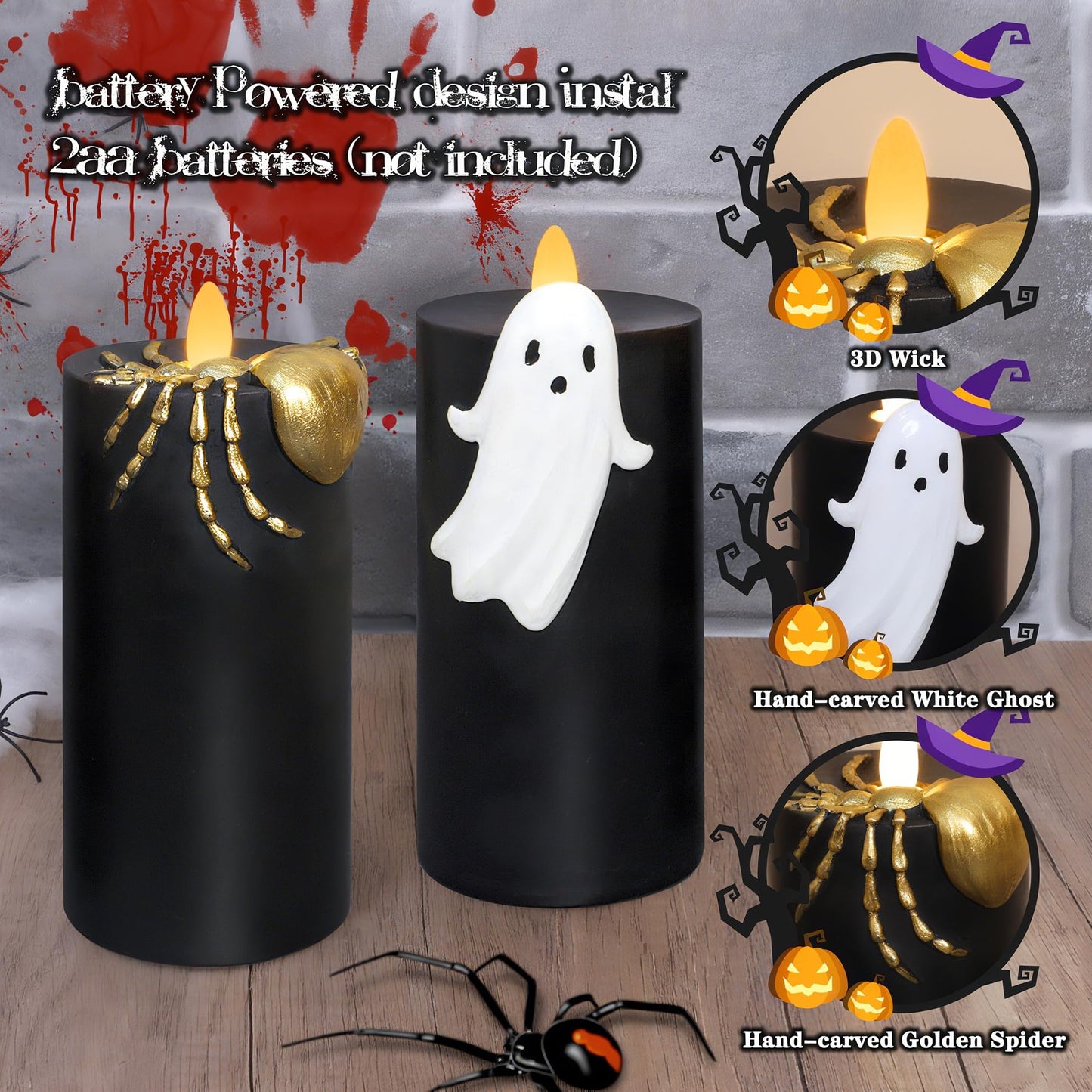 Silverstro Halloween Flameless Candles with Remote & Timer, Real Wax Hand-Carved Painted Ghost Spider LED Candles for Home Party Haunted House Horror Theme Halloween Decor, 3" x 7" Set of 2
