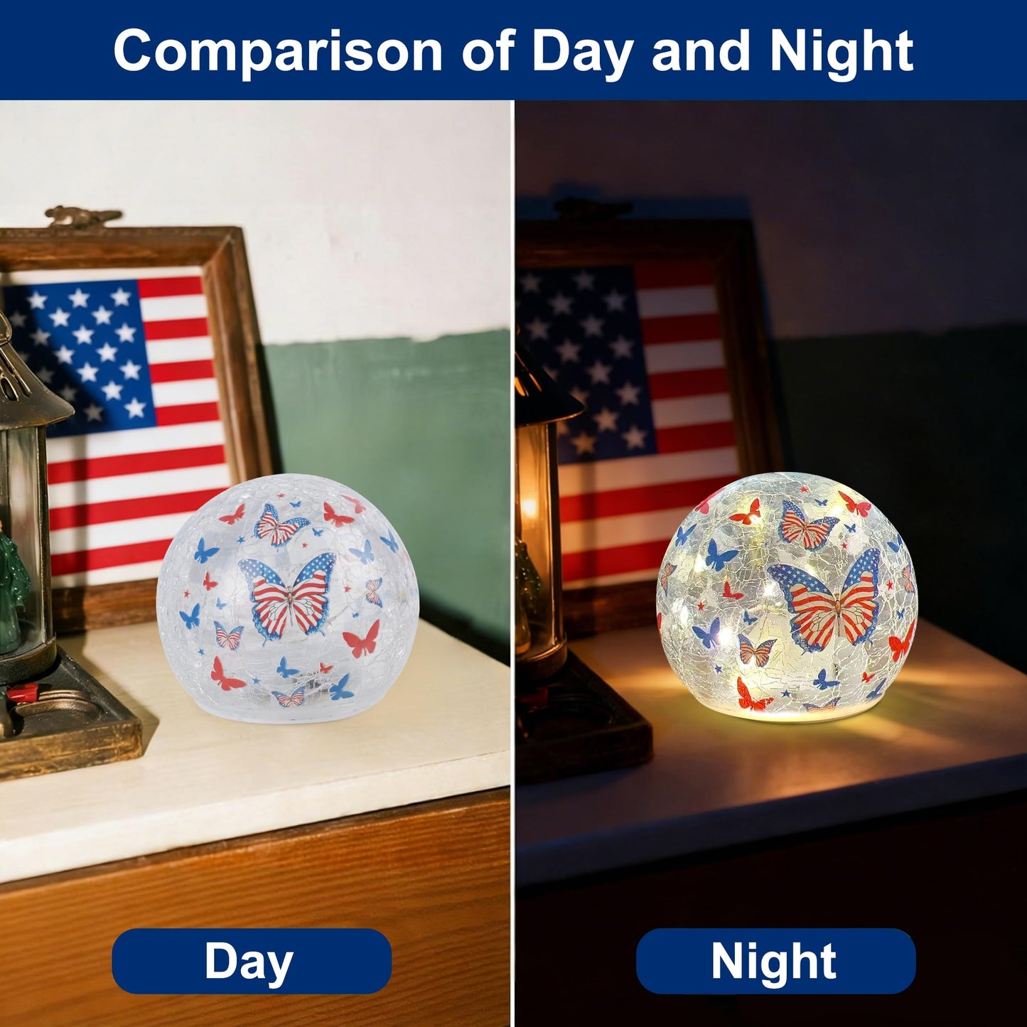 Memorial Day Decorations,3PCS Independence Day Decorative Lights, 3.93-inch Independence Day Desktop Decoration LED Night Light, Cracked Glass Ball Light with Timer, 4th of July Ornament (Butterfly)