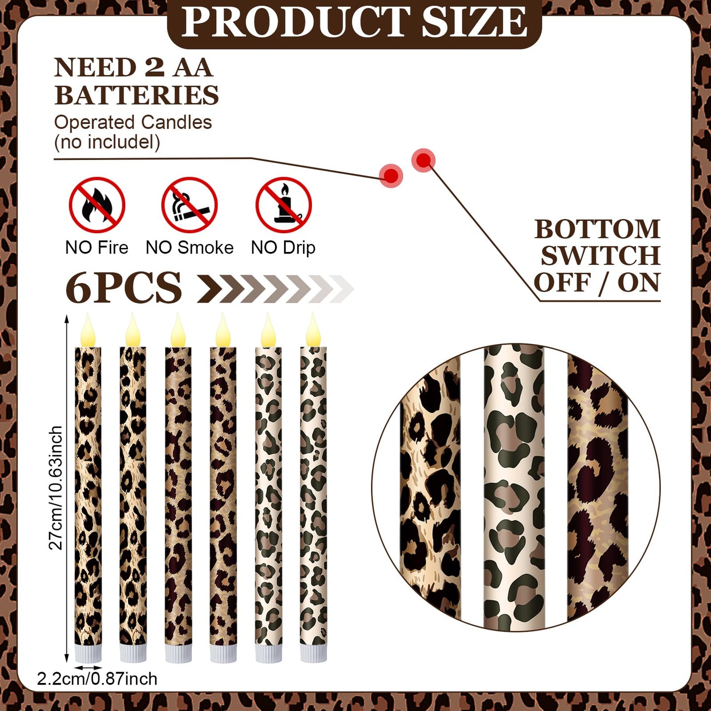 Honoson 6 Pcs Leopard Flameless Taper Candles 10.6 Inch Wild Safari Cheetah Print Candles Battery Operated LED Candlesticks for Animal Theme Jungle Birthday Party Summer Table Home Bathroom Decor