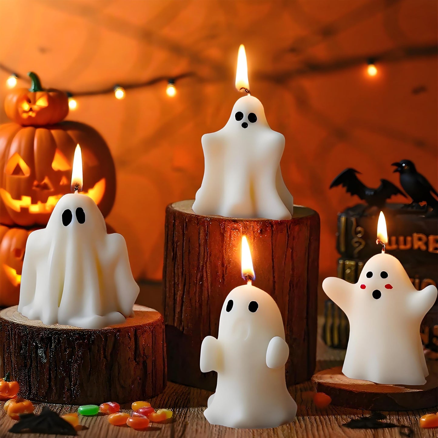 FANNEV 4Pcs Halloween Ghost Candles, Cute Ghost Scented Candle Decorations, Table Tea Light Candle Decoration for Bedroom, Bathroom and Living Room