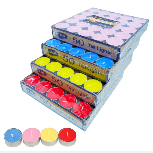 Assorted Colors Tealights Candle 200 in 4 Colors -4 Hours Burn Time Unscented Smokeless Votive Candles for Anniversaries Shabbat Valentine's Day Wedding Emergencies Christmas Candle
