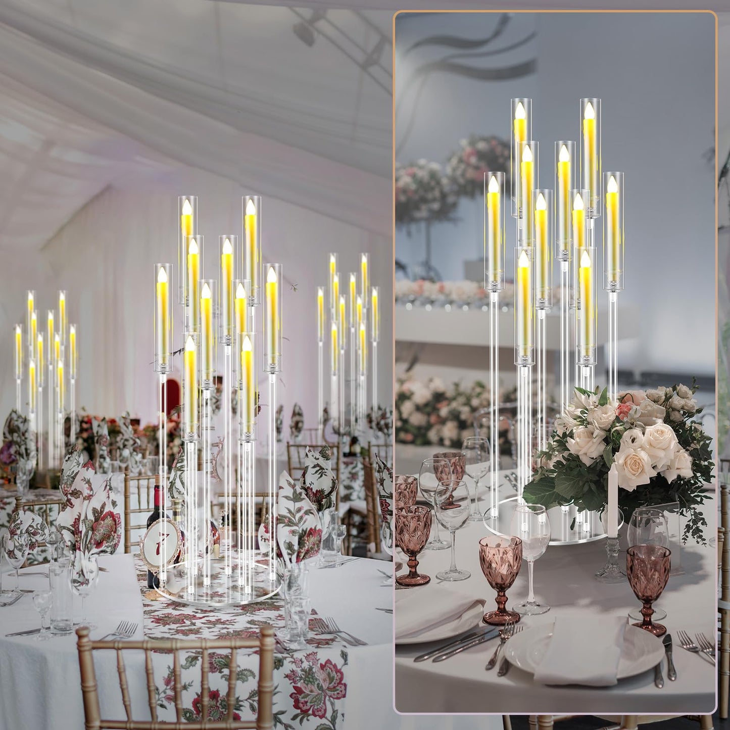 Tandefio 4 Pcs 10 Arm Wedding Acrylic Candelabra Table Centerpieces with 40 LED Candle 46.5'' Tall Floor Candlestick Clear Metal Candle Holder with Lampshade for Ceremony Easter Birthday Anniversaries