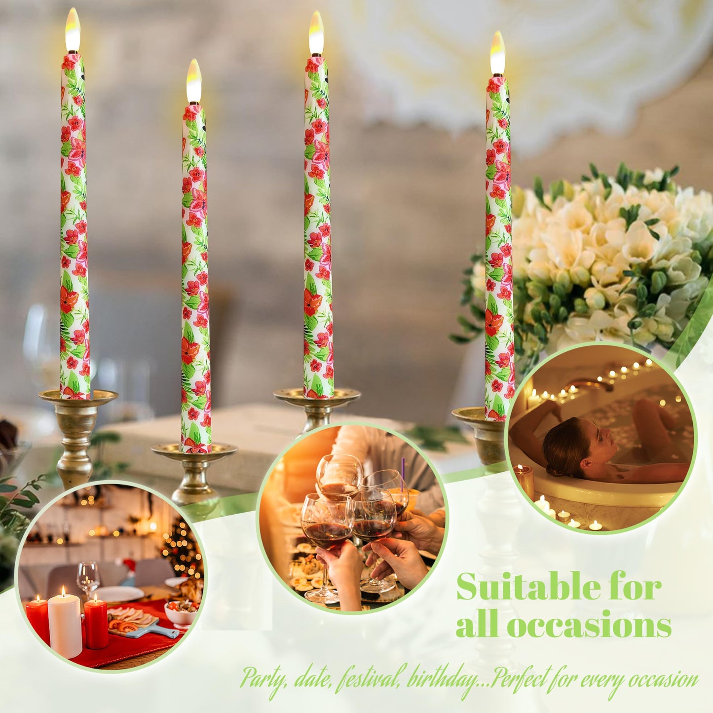 FCMSHAMD 6PCS Tropical Flower Flameless Taper Candles, 11 Inch LED Candlesticks Battery Operated with 11-Key Remote and Timer, 3D Flickering Flame Lights for Wedding Party Home Decor Gifts