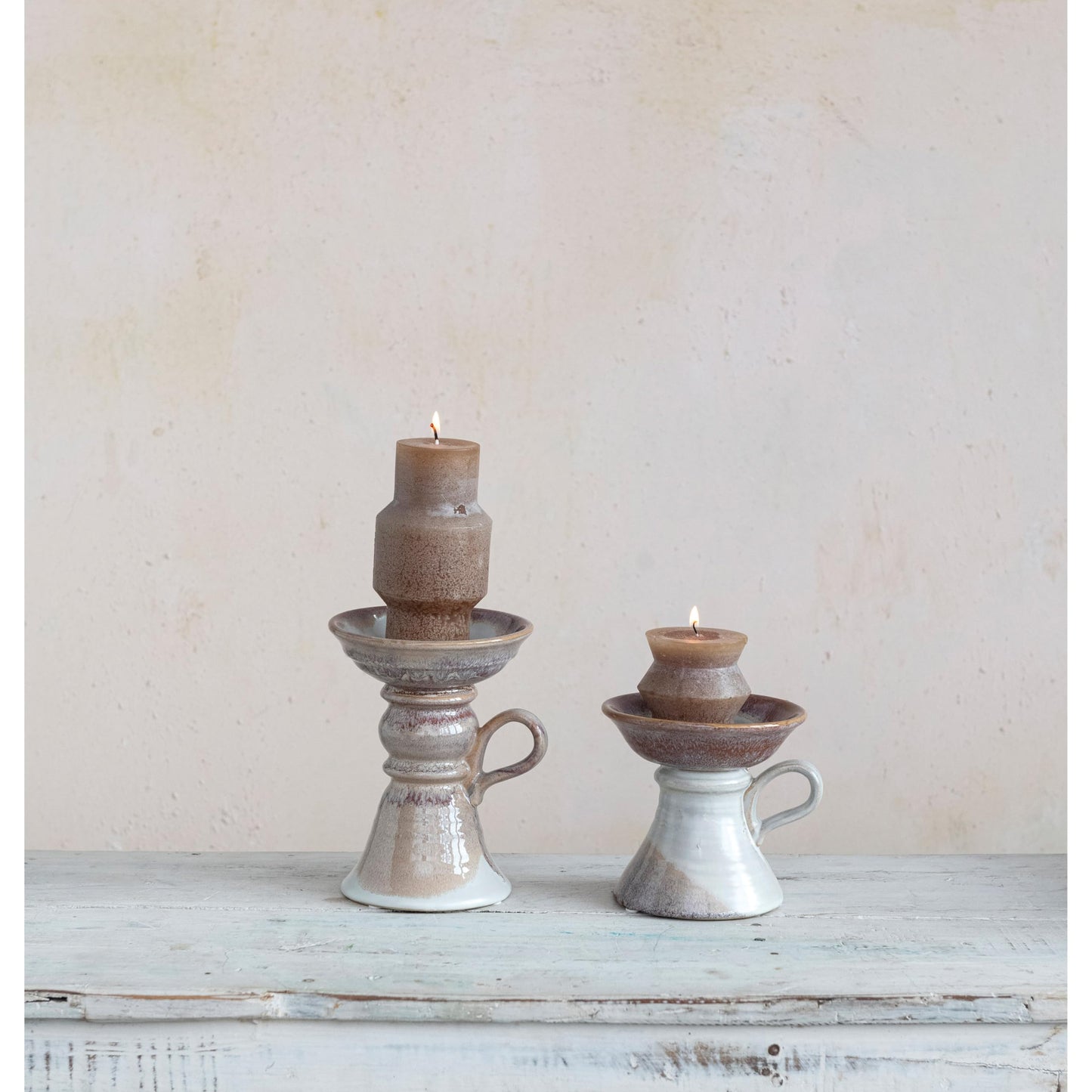 7.5 Inches Stoneware Pillar Holder with Handle and Reactive Glaze for 5 Inches Pillar, Brown