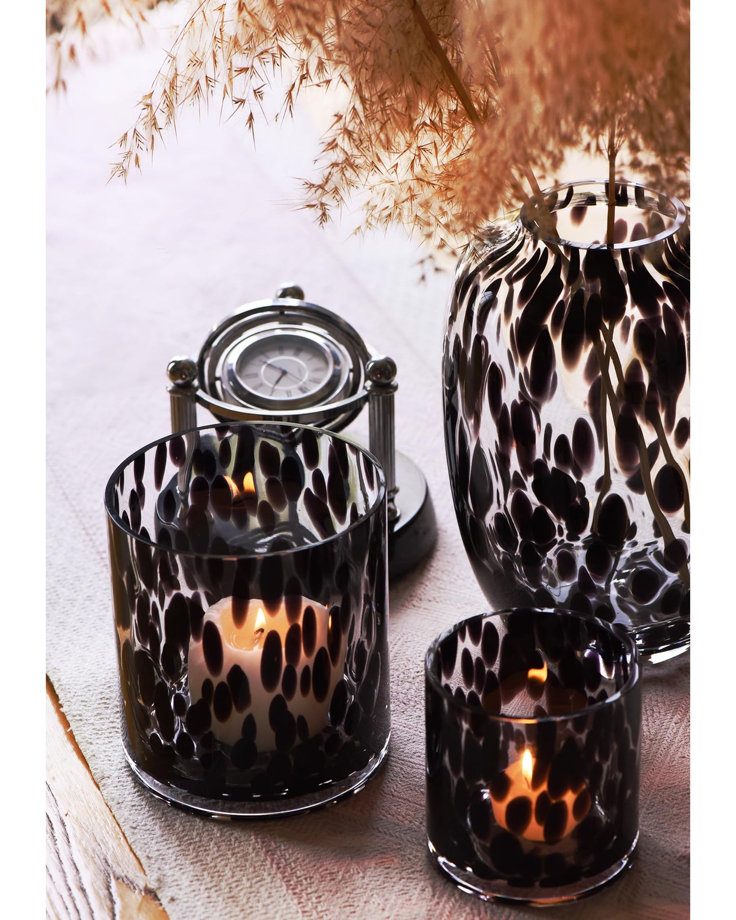 CONVIVA Glass Vase and Candle Holder Set, 3-Piece,Modern Fall Decor Table Centerpiece Thanksgiving Christmas Day Gift Idea,Flower Vase Black Tortoise Pattern