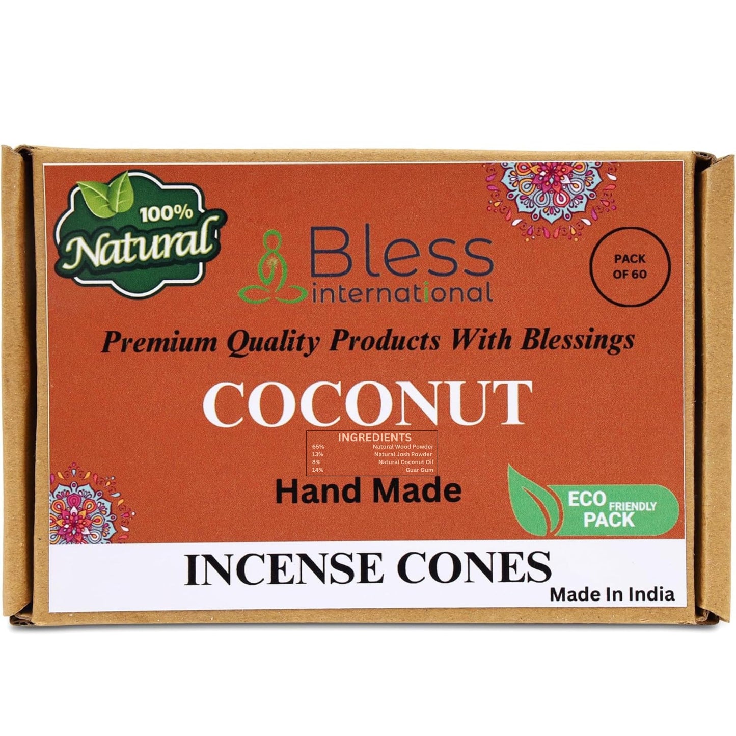 Bless International Coconut 100%-Natural-Incense-Cones Handmade-Hand-Dipped Organic-Chemicals-Free for-Purification-Relaxation-Positivity-Yoga-Meditation The-Best-scents (60 Count)