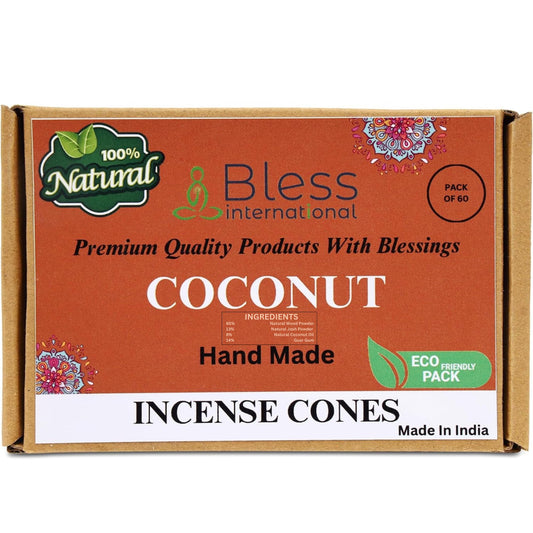 Bless International Coconut 100%-Natural-Incense-Cones Handmade-Hand-Dipped Organic-Chemicals-Free for-Purification-Relaxation-Positivity-Yoga-Meditation The-Best-scents (60 Count)
