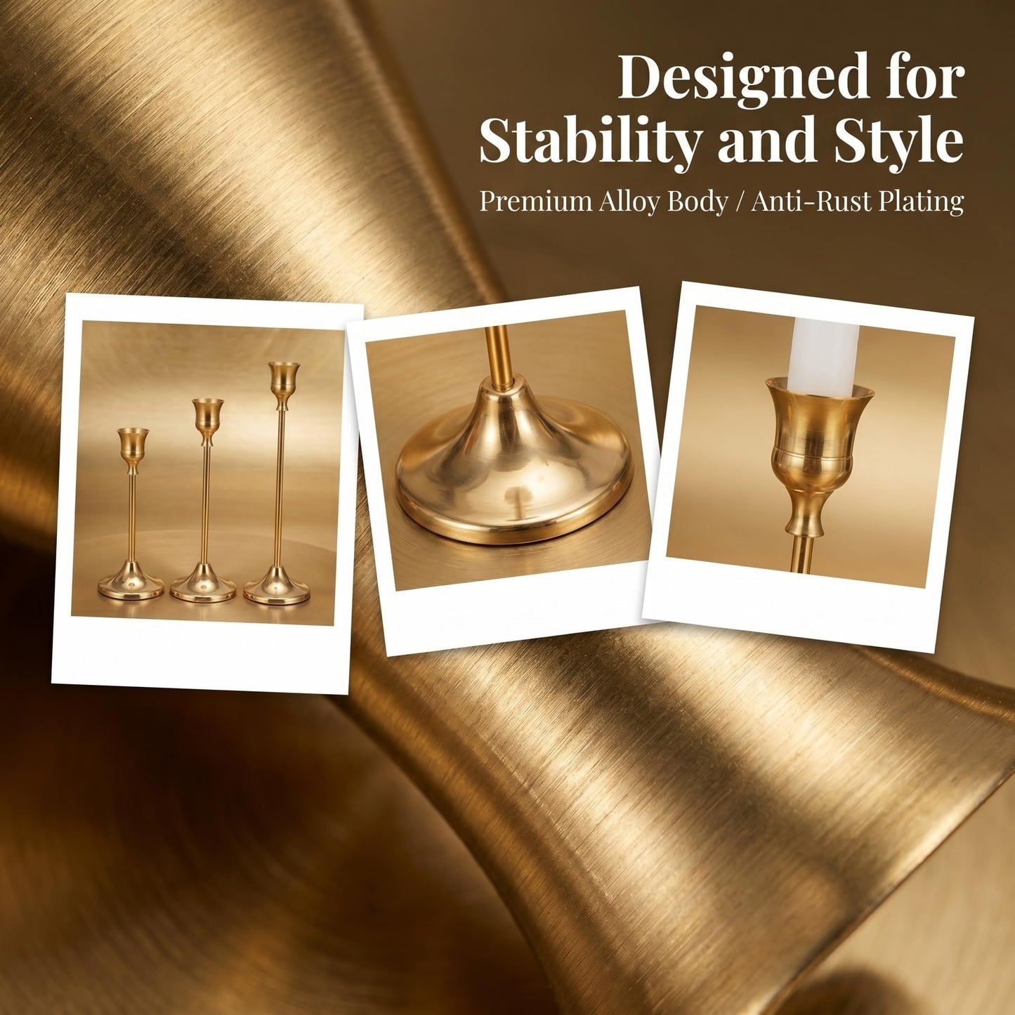 Oakernel Brass Taper Candle Holders 4 Sets(12 Pcs) - Tall Metal Candlestick Holders for Table Centerpiece, Formal Dinner, Wedding, Fireplace Mantel Decor, Fits 3/4 Inch Thick Candles