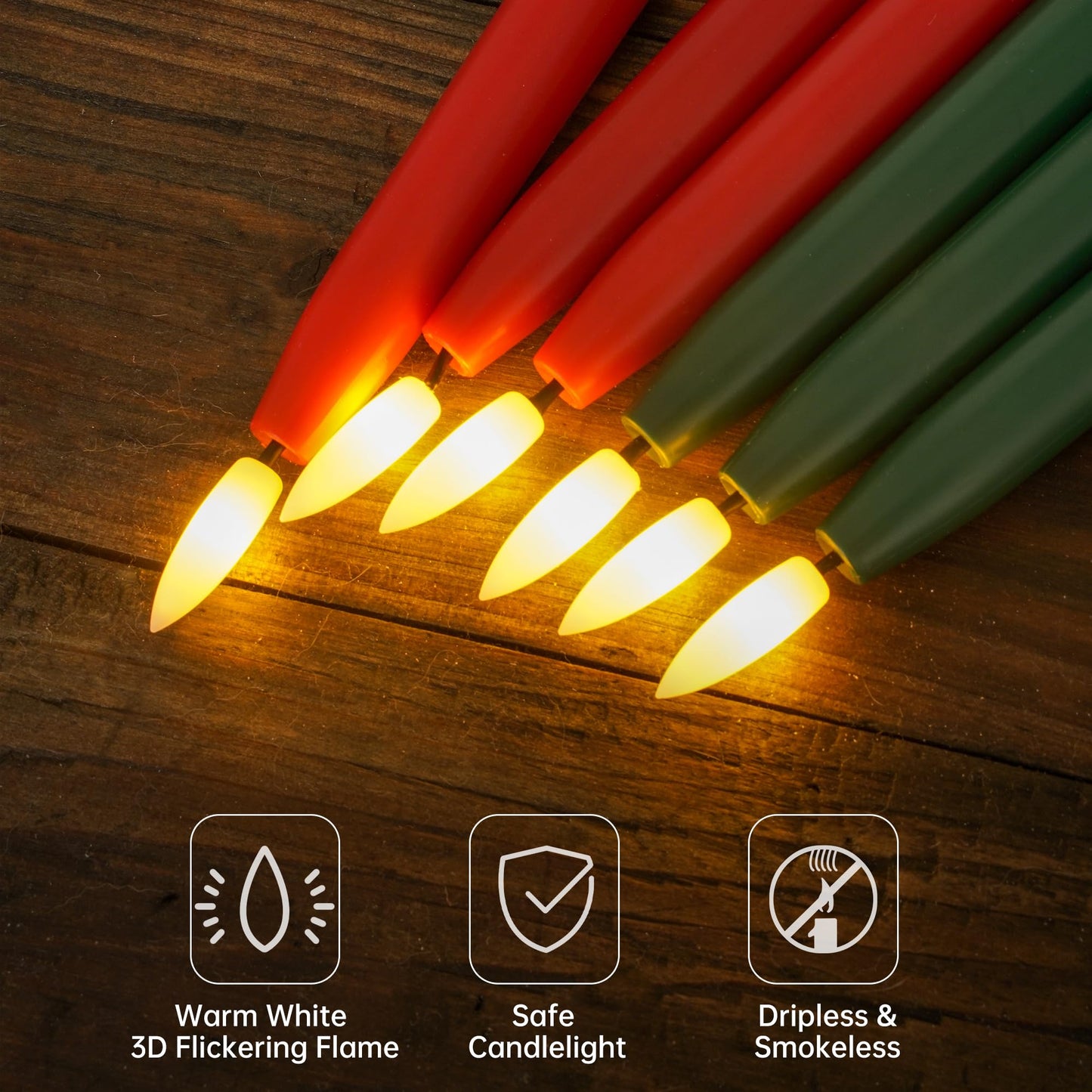 Stmarry Green and Red Flameless Taper Candles with Remote Control - 11 Inch LED Candlesticks Battery Operated, Realistic 3D Flame with Wick, Timer, 6 Pack Holiday Candles Christmas Decor
