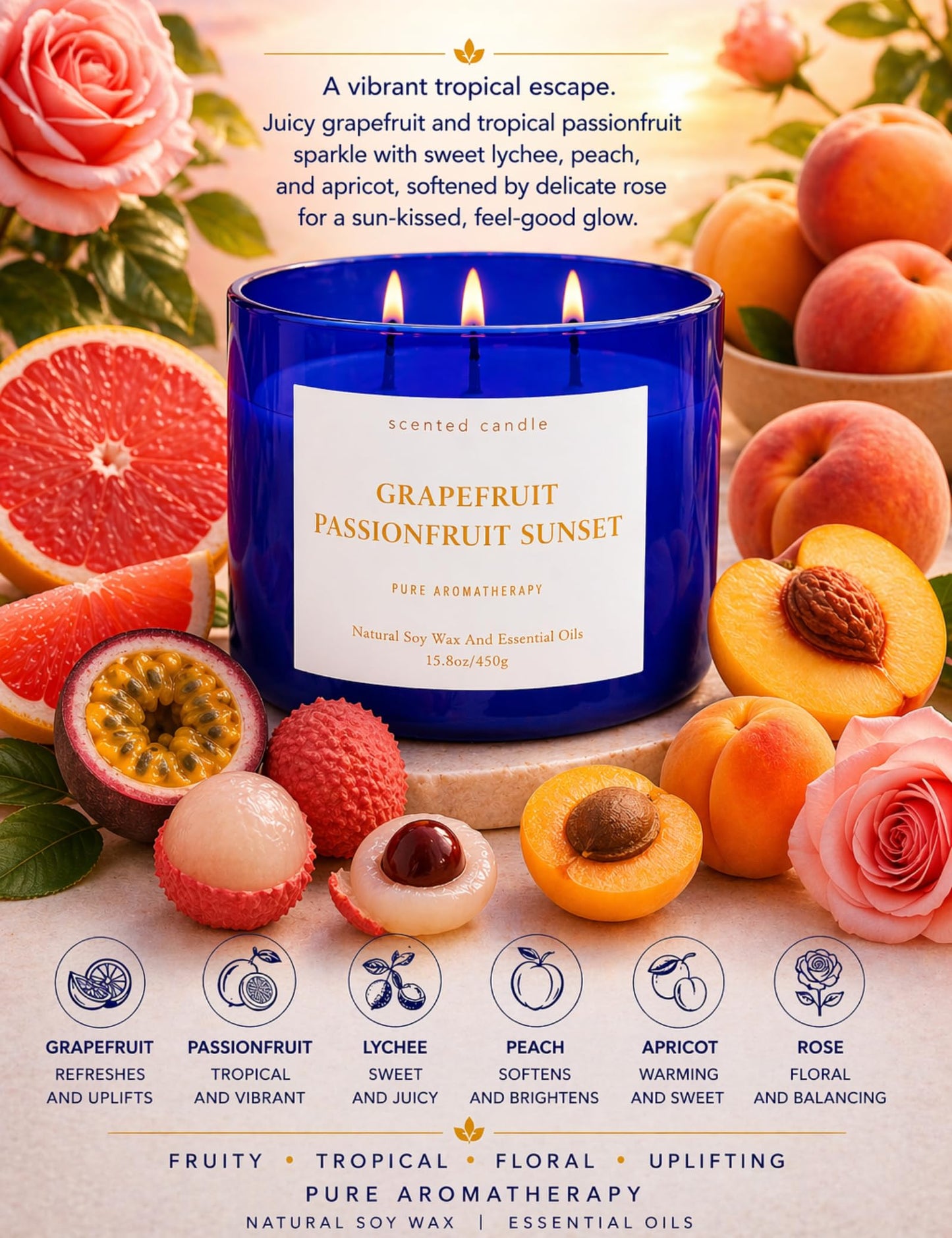 Grapefruit Passionfruit Sunset 3-Wick Soy Candle | 15.8 oz Large Scented Candle for Home | Clean Burn Long Lasting | Tropical Citrus Scent | Gift Ready