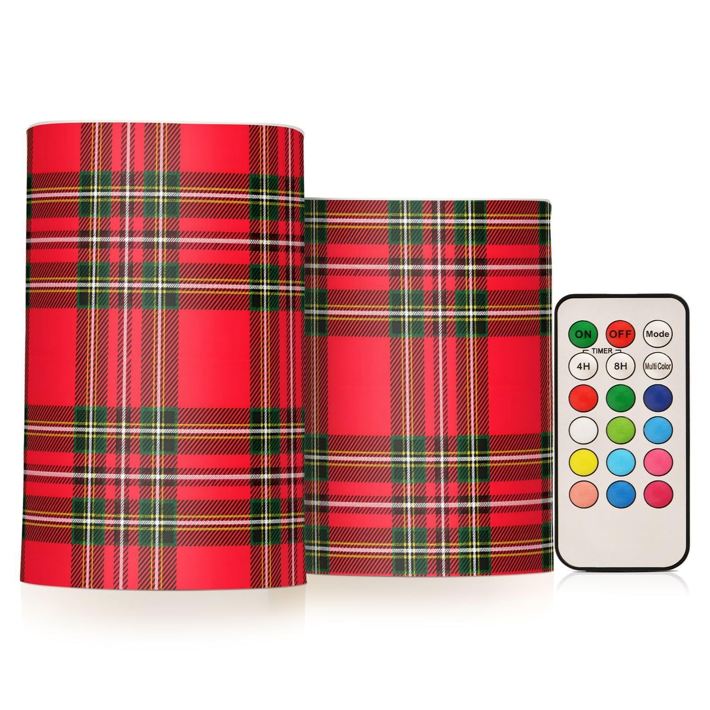 BOENLE Flickering Flameless Candles, Red Green Tartan Plaid Christmas LED Candles with Remote Timer, Set of 2 Battery Operated Candle for Valentine Wedding Birthday