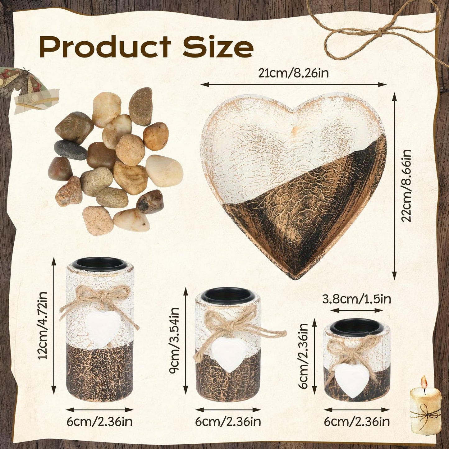 Teeloray Farmhouse Candle Holders 3 Pack Rustic Wooden Pillar Candle Holder with Heart Tray and Stones Tealight Candles Holders Farmhouse Centerpiece for Coffee Table Mothers Day Valentines Home Decor