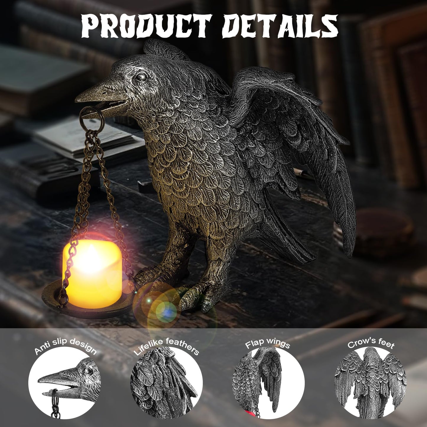 Halloween Decorations Spread Wings Raven Candle Holder Outdoor Garden Statue for Patio Decor Gothic Home Decor Half Silver