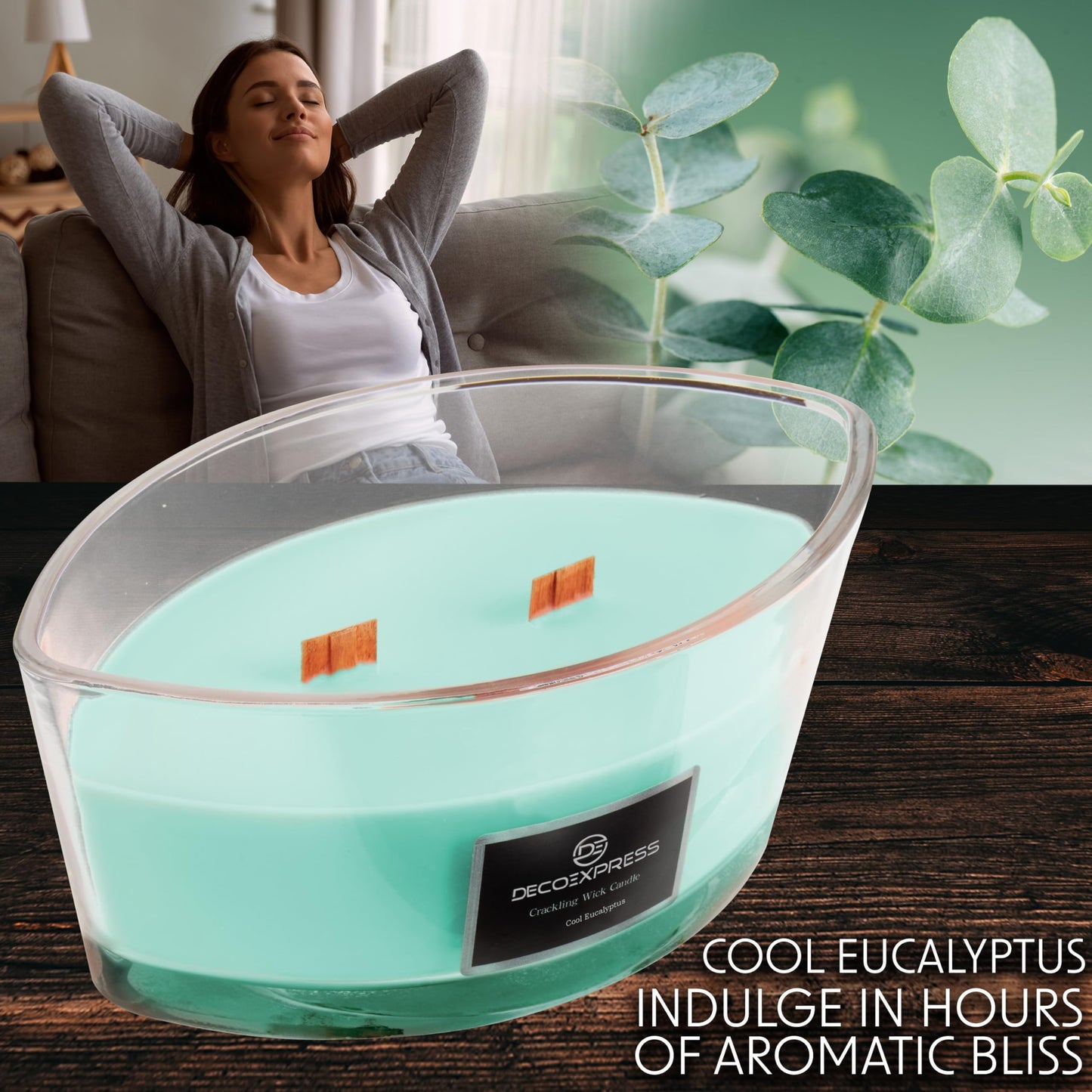 DECO EXPRESS Scented Candles, Crackle Double Wick Candles, Long 50 Hours Burn Time, Home Decor & Gift Ideas (Cool Eucalyptus)