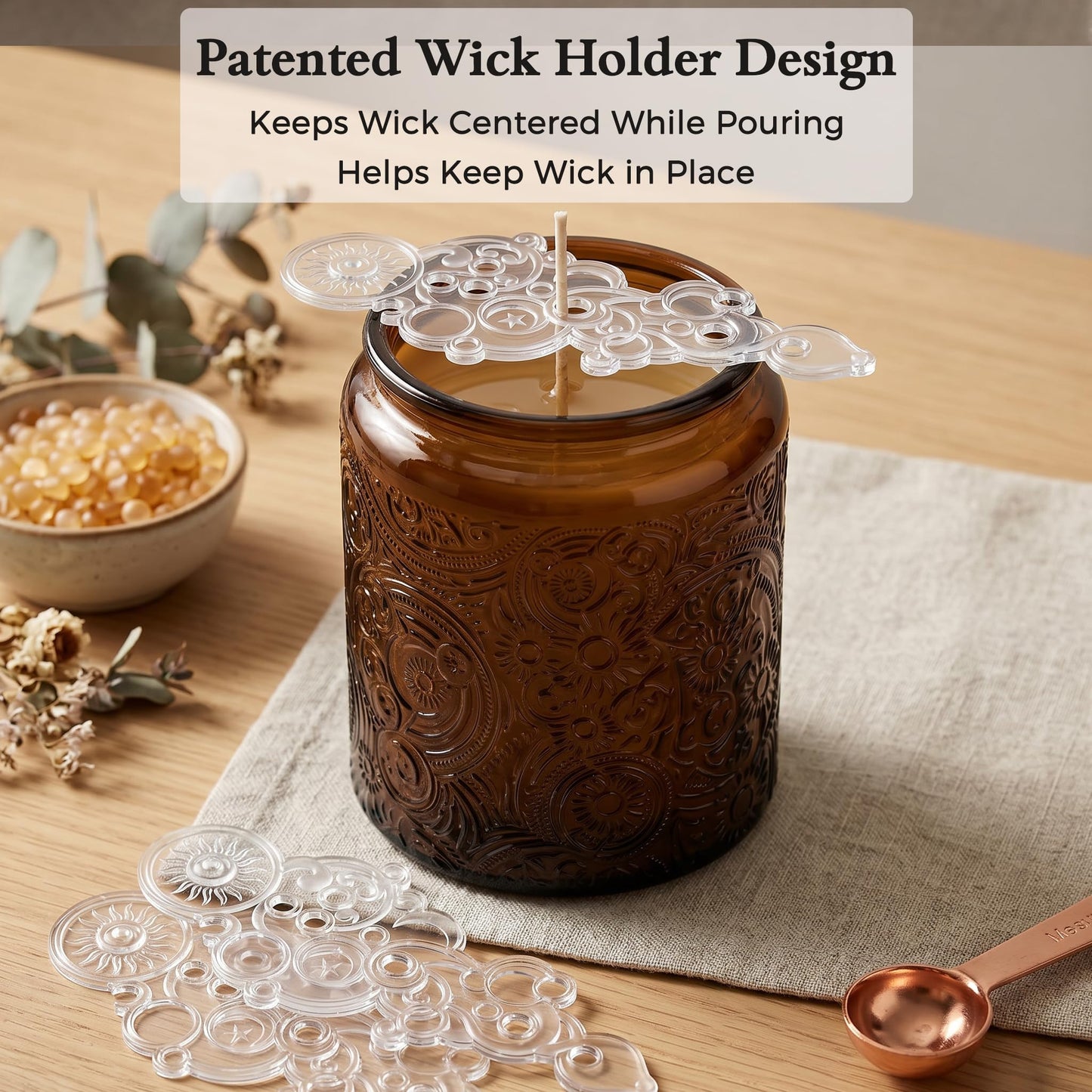 9-Pack 8oz Embossed Glass Candle Container with Bamboo Lids and Labels, Amber Candle Jars for Making Candles, Sun Moon Star Design