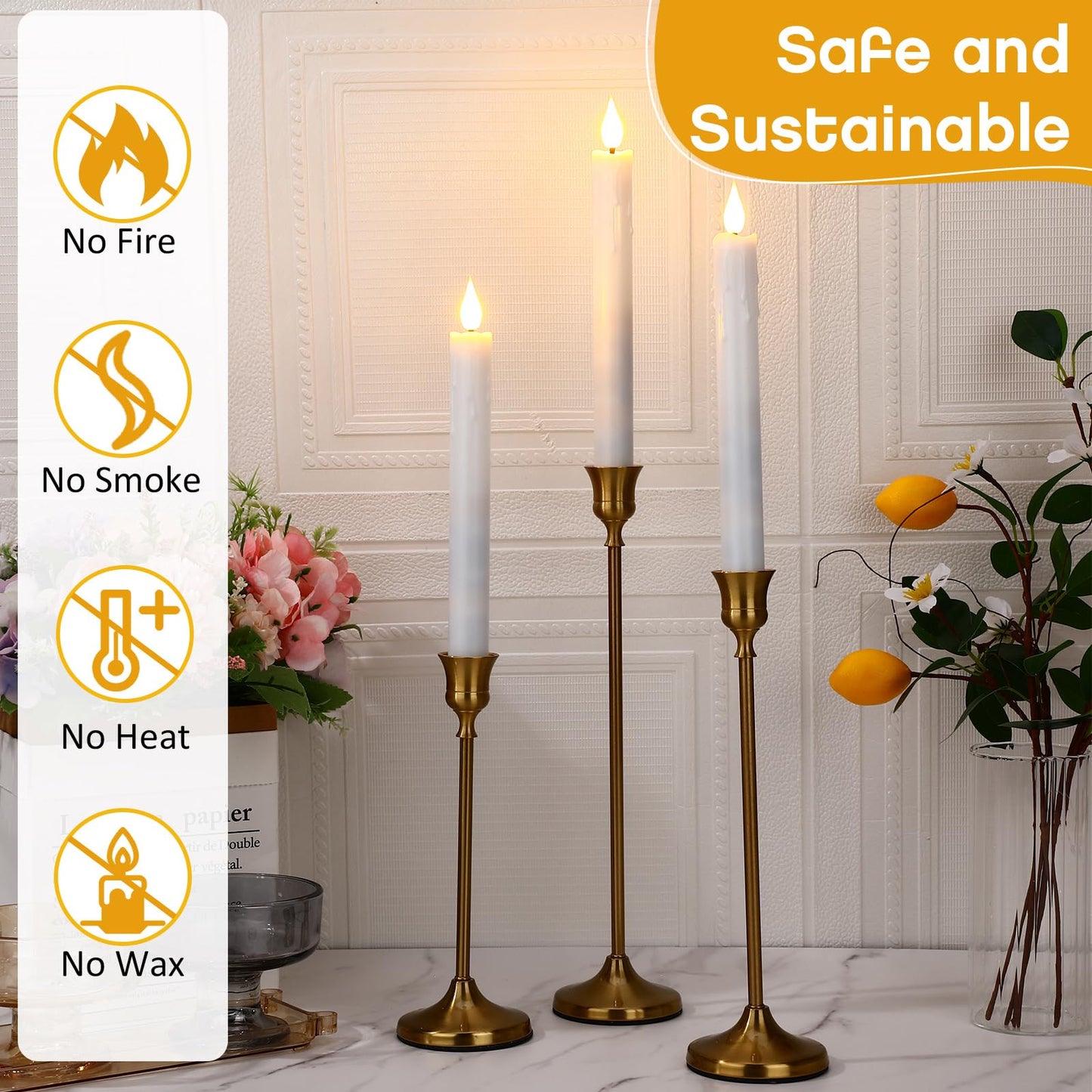 Baquler 24 Pcs 8.9 Inch Flameless Taper Candles Dripless Battery Operated LED Flickering Candlesticks Window Candle with 3D Flickering Flame for Easter Home Wedding Dinner Church Decor