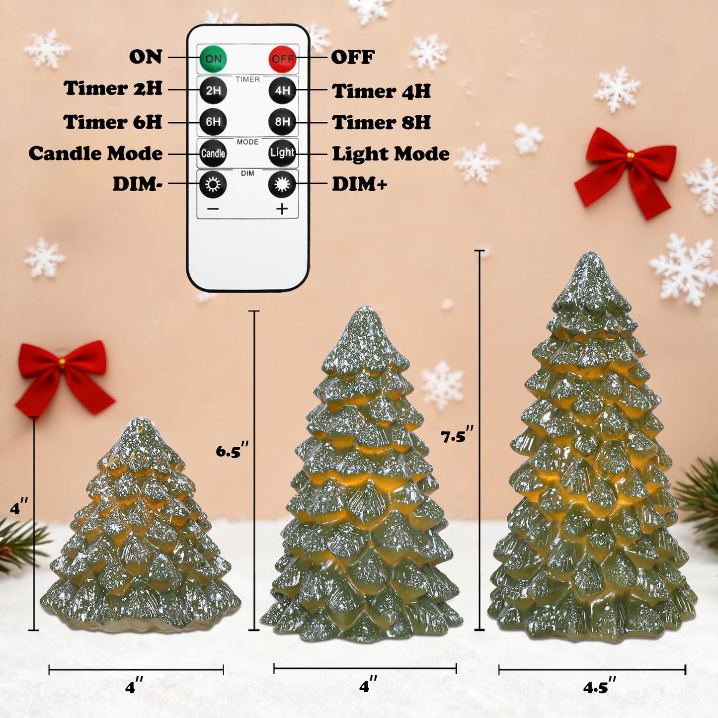 Cafemoon Christmas Tree Flameless Candles with Remote Timer, Real Wax Green LED Pillar Candles, Battery Operated 3D Flickering Flame for Holiday Decor for Mantel