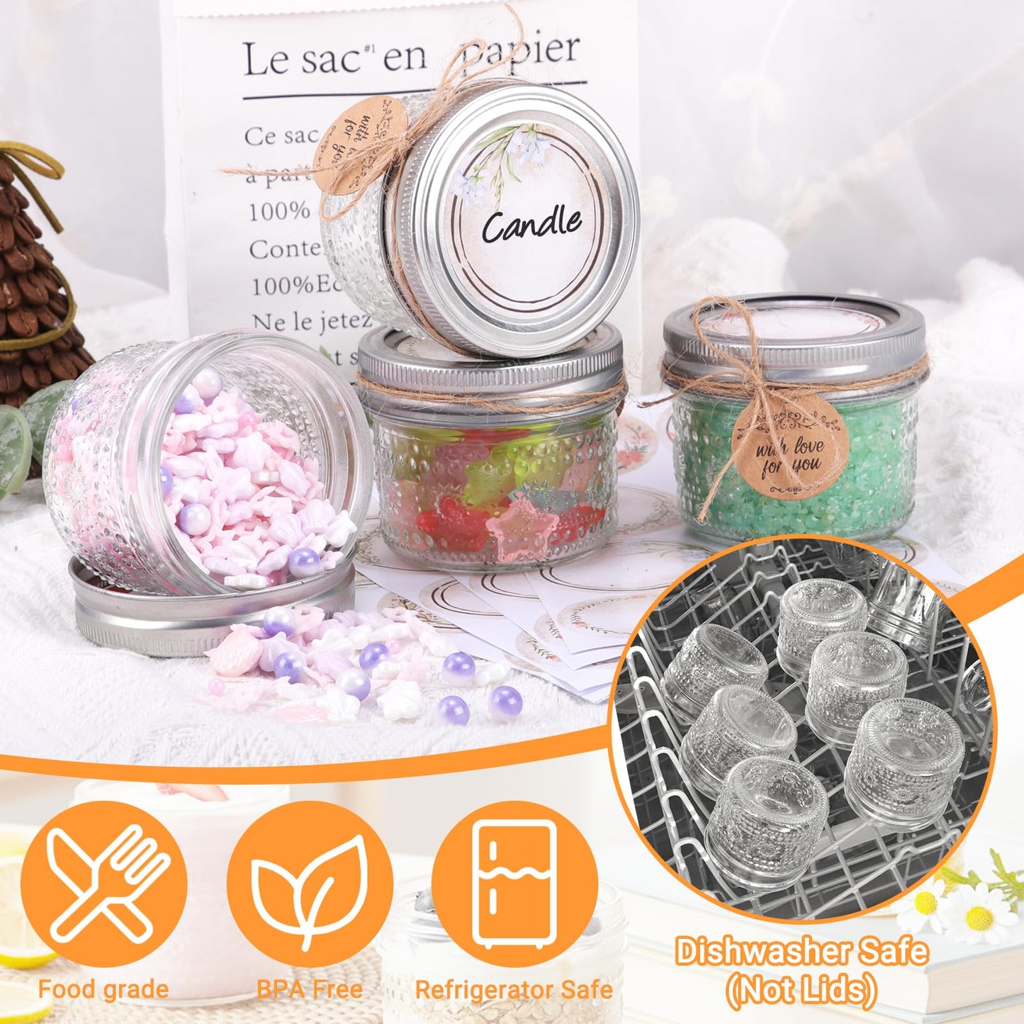 igoelove 4 oz Mason Jars with Embossed Pattern 24 Pack | Small Canning Jars with Airtight Lids | Mini Glass jars for Jams, Jelly, Honey, Spices, DIY Candles, Wedding Favors and Gift Packaging